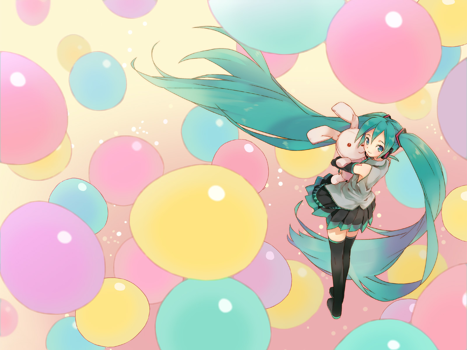 komagarita, hatsune miku, vocaloid, bad id, bad pixiv id, highres, 1girl, aqua eyes, black thighhighs, blue hair, female focus, long hair, looking back, skirt, solo, stuffed animal, stuffed rabbit, stuffed toy, thighhighs, twintails, very long hair
