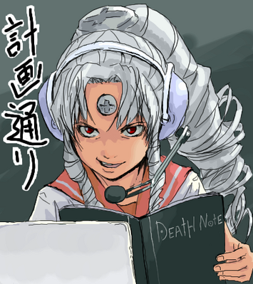 vista-tan, vistake, death note, os-tan, lowres, translated, 1girl, crossover, death note (object), drill hair, female focus, grey hair, headset, high ponytail, just as planned (meme), long hair, meme, notebook, parody, ponytail, red eyes, school uniform, screw, serafuku, solo, white hair