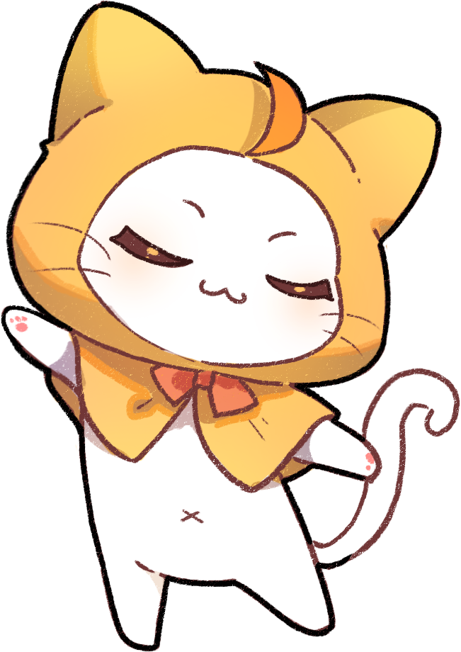 cherilynorz, momo (nikki), infinity nikki, nikki (series), chinese commentary, commentary request, variant set, ahoge, animal, animal focus, bow, bowtie, cat, cloak, closed eyes, closed mouth, clothed animal, ear covers, happy, hood, hood up, hooded cloak, light blush, navel, no humans, orange bow, orange bowtie, outstretched arms, pawpads, smile, solo, traditional bowtie, transparent background, whiskers, white cat, yellow cloak