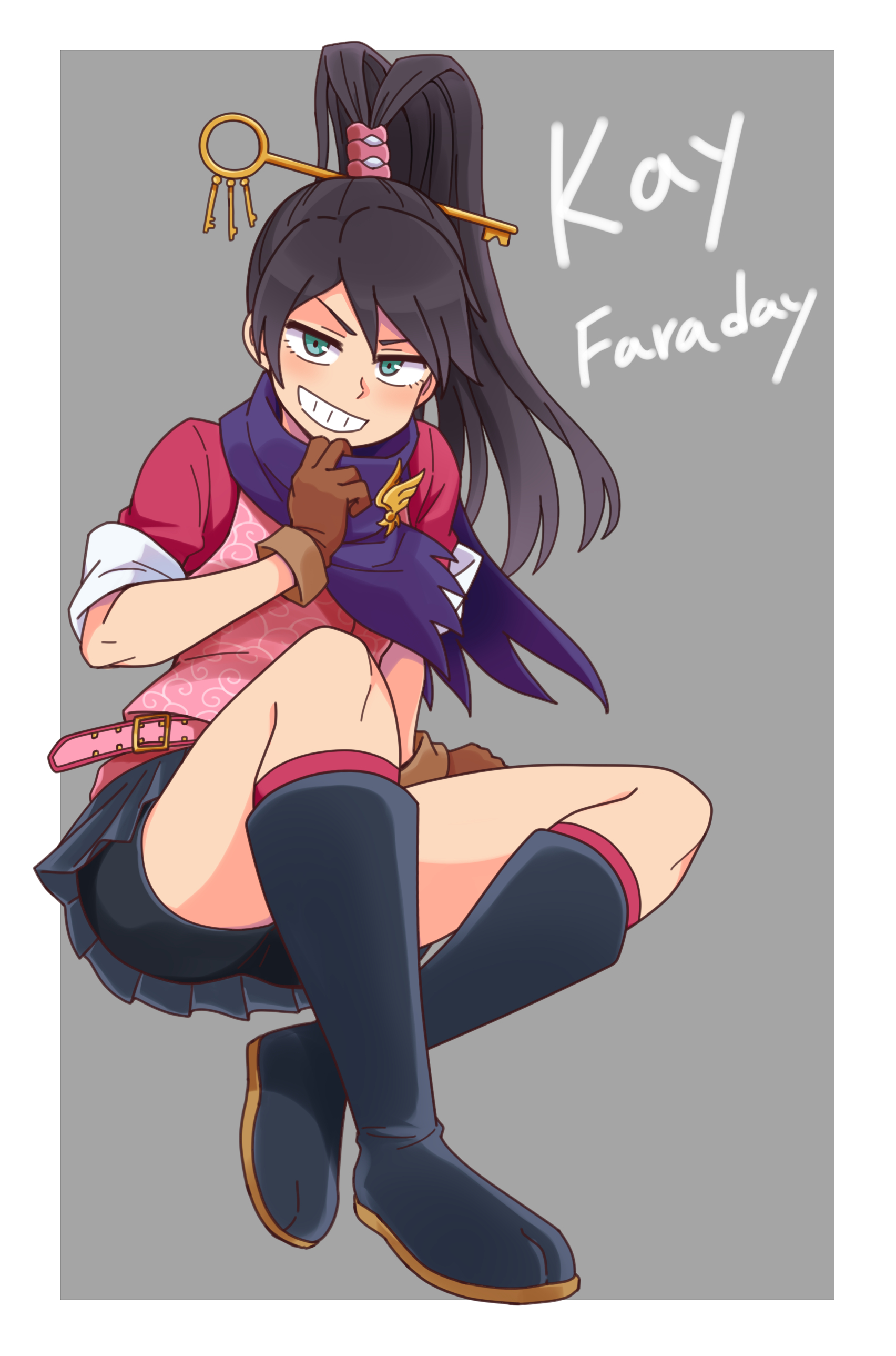 galois, kay faraday, ace attorney, absurdres, commentary, highres, 1girl, aqua eyes, arm support, belt, bike shorts, bike shorts under skirt, black boots, black hair, black shorts, blue skirt, boots, brown gloves, character name, full body, gloves, grin, high ponytail, key hair ornament, knee boots, long hair, miniskirt, pink belt, pink shirt, pleated skirt, ponytail, purple scarf, scarf, shirt, shorts, sitting, skirt, sleeves rolled up, smile, solo