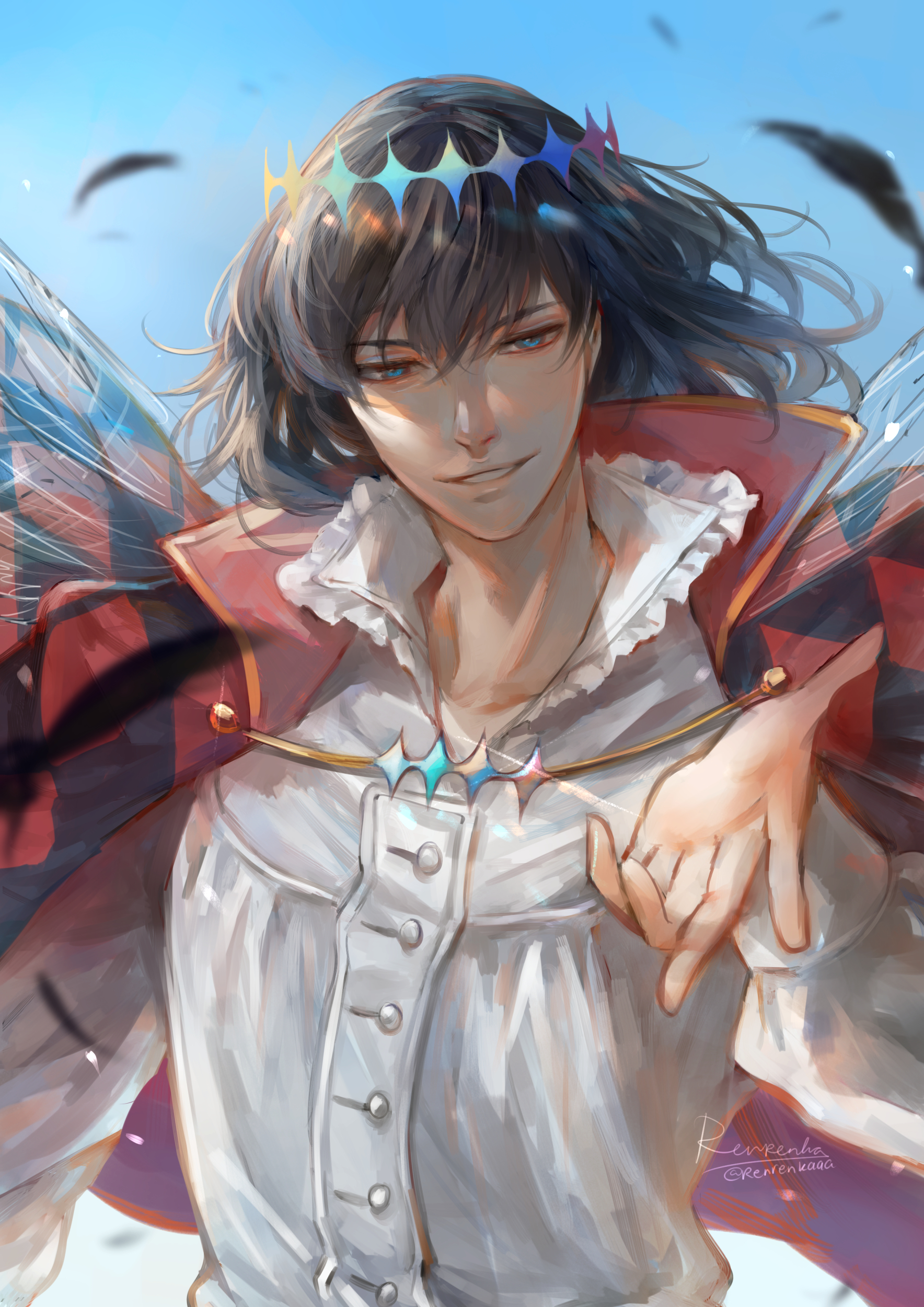 renrenka noi, oberon (fate), fate/grand order, fate (series), howl no ugoku shiro, howl pendragon, absurdres, commentary, english commentary, highres, 1boy, black hair, blue eyes, blue sky, cape, cosplay, dragonfly wings, frilled shirt collar, frills, hair between eyes, howl (howl no ugoku shiro) (cosplay), looking at viewer, male focus, parted lips, puffy sleeves, shirt, short hair, sky, solo, upper body, white shirt
