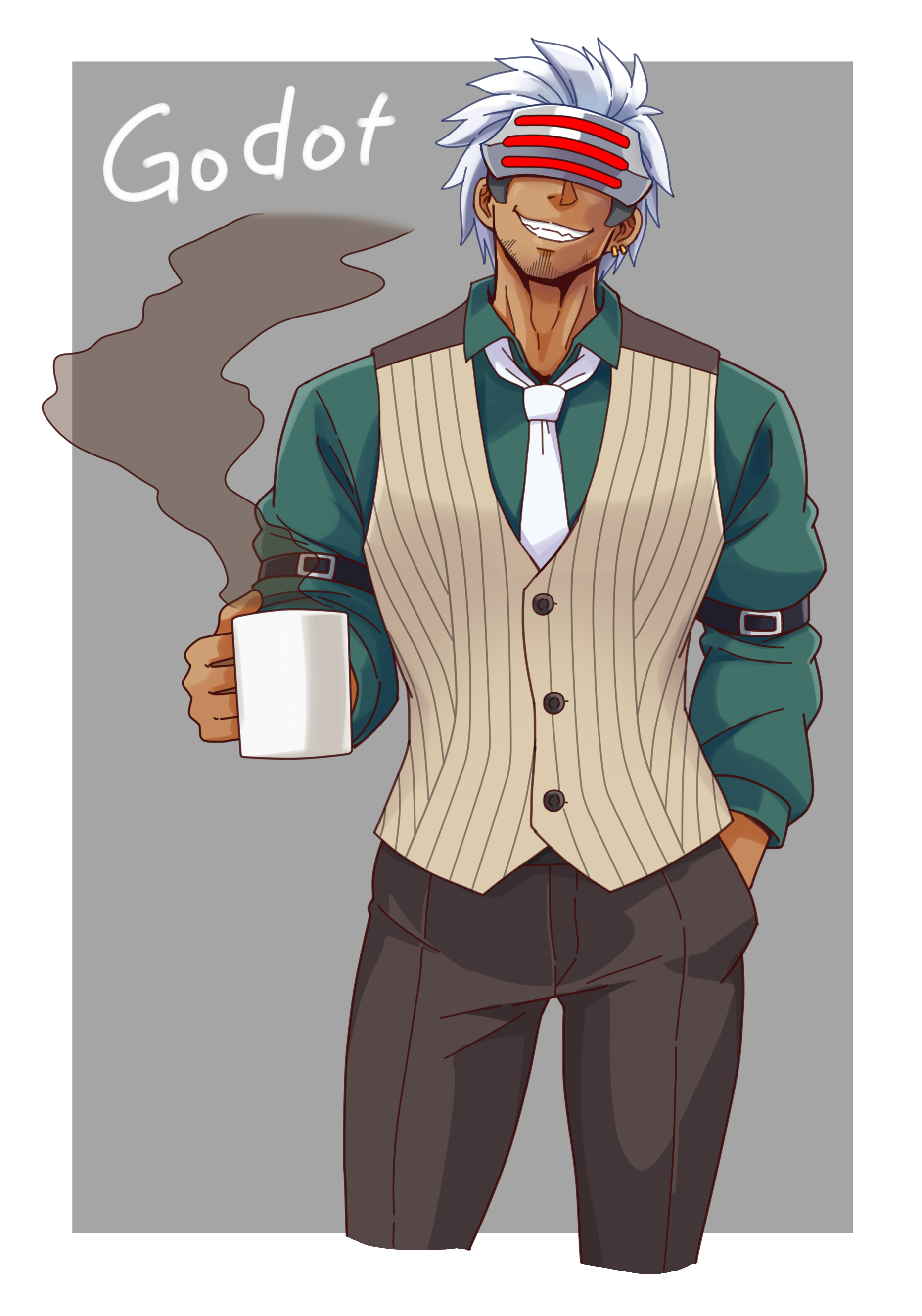 galois, godot (ace attorney), ace attorney, absurdres, commentary, highres, 1boy, arm strap, black pants, character name, collared shirt, cowboy shot, cropped legs, dark-skinned male, dark skin, earrings, facial hair, goatee stubble, green shirt, grin, hand in pocket, head-mounted display, jewelry, loose necktie, male focus, multiple earrings, necktie, pants, pinstripe pattern, pinstripe vest, shirt, single earring, smile, solo, steam, stubble, vest, white hair, white necktie