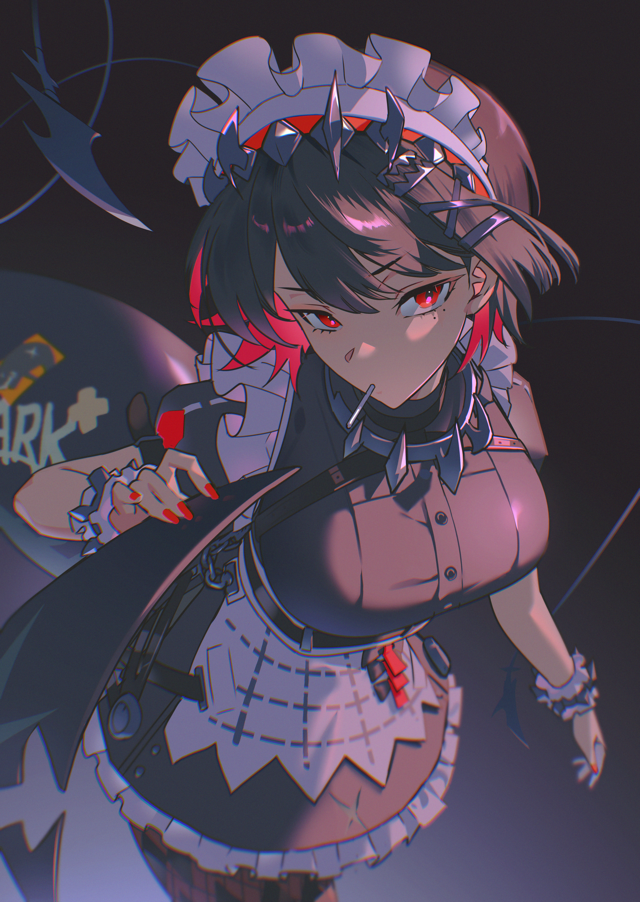 ellen joe, zenless zone zero, absurdres, commentary, english commentary, highres, 1girl, black dress, black hair, breasts, brown pantyhose, colored inner hair, cowboy shot, dark background, dress, fins, fish tail, frilled wristband, hairband, holding own tail, large breasts, lollipop in mouth, looking at viewer, metal hairband, mole, mole under eye, multicolored hair, pantyhose, razor blade hair ornament, red eyes, red nails, scar, scar on tail, shark girl, shark tail, short hair, solo, spiked headband, tail, tanjwi