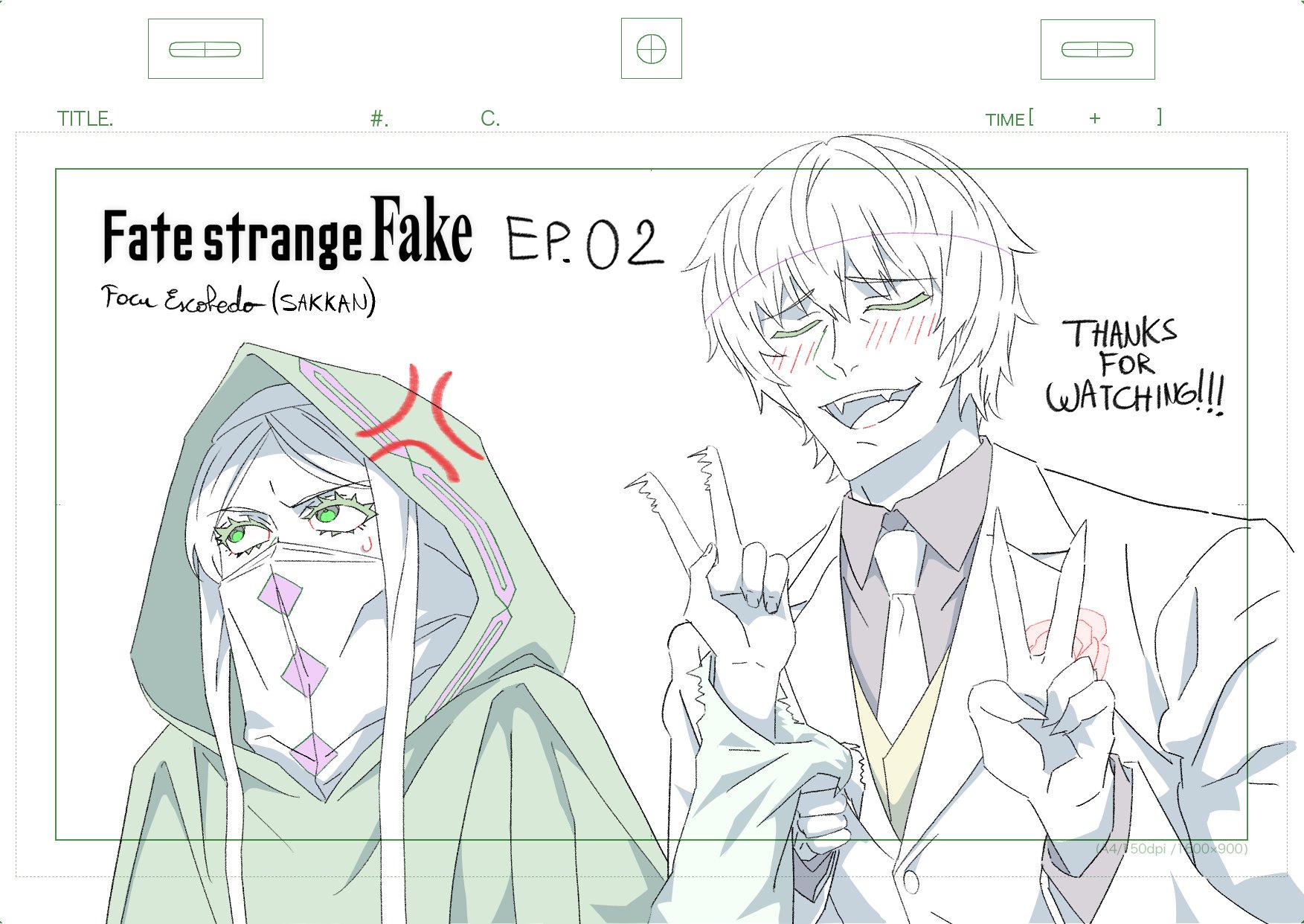 jester karture, no name assassin (fate), fate/strange fake, fate (series), commentary, english commentary, highres, 1boy, 1girl, anger vein, animation paper, blush, cloak, closed eyes, episode number, facu escobedo, hood, hood up, hooded cloak, jacket, mask, mouth mask, necktie, open mouth, partially colored, shirt, smile, sweatdrop, upper body, v