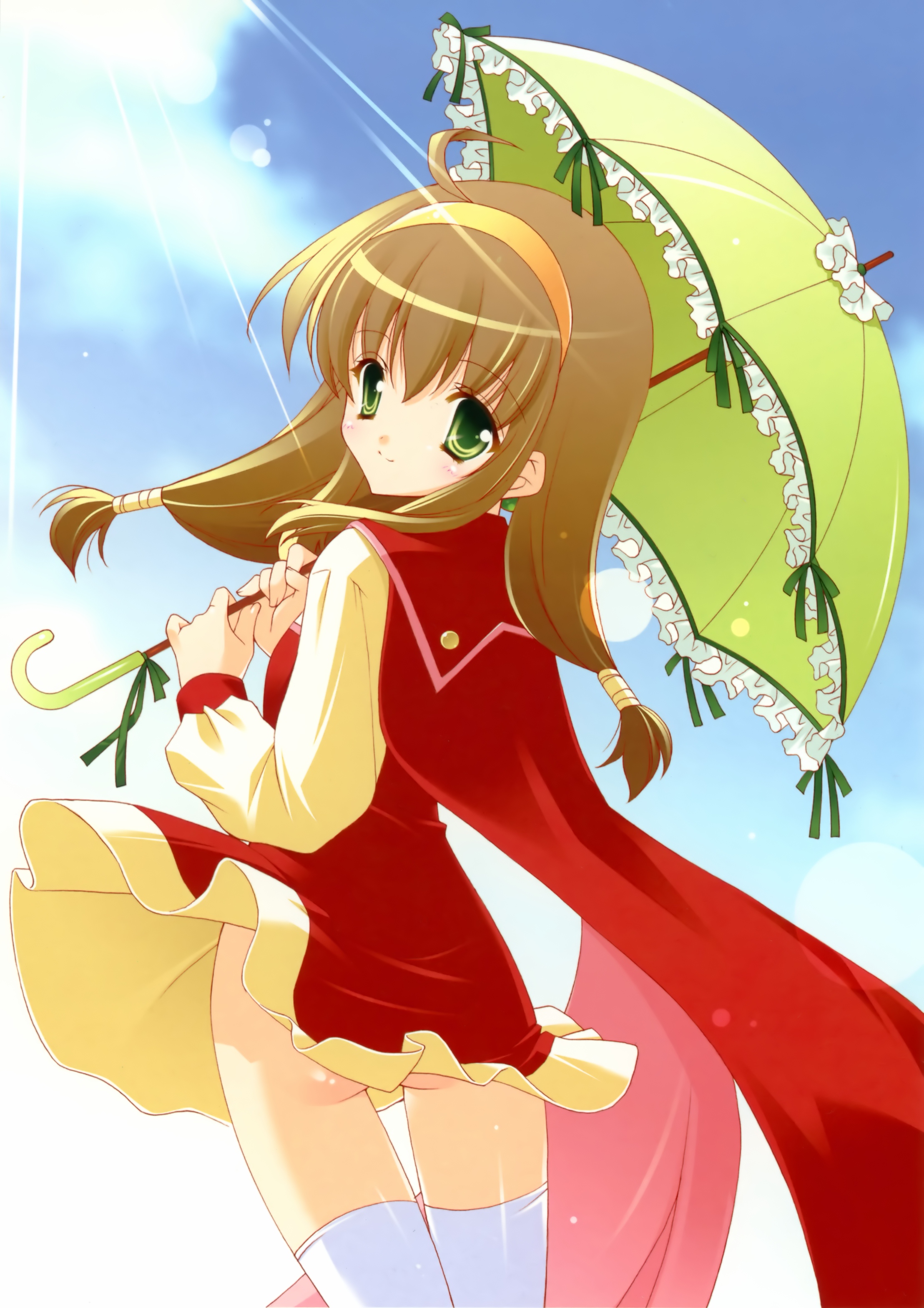 shigunyan, lilka eleniak, wild arms, wild arms 2, absurdres, highres, md5 mismatch, 1girl, ahoge, ass, blue background, brown hair, cloud, cowboy shot, day, female focus, frills, green eyes, hairband, holding, holding umbrella, lens flare, long hair, low-tied long hair, no panties, outdoors, parasol, sky, solo, thighhighs, umbrella, white thighhighs, yellow hairband
