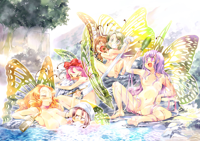 hanpen, original, > <, 6+girls, :d, antennae, barefoot, bath, blush, bottle, bow, breast envy, breasts, brown eyes, brown hair, butterfly wings, censored, closed eyes, convenient censoring, curly hair, drunk, fairy, feet, full-face blush, grin, hair bow, hair censor, half-closed eyes, insect wings, large breasts, long hair, multiple girls, nipple stimulation, nipple tweak, nipples, nude, onsen, open mouth, orange eyes, orange hair, partially submerged, pink hair, purple eyes, purple hair, smile, soles, spread legs, steam, toes, towel, towel pull, very long hair, water, wavy mouth, wings
