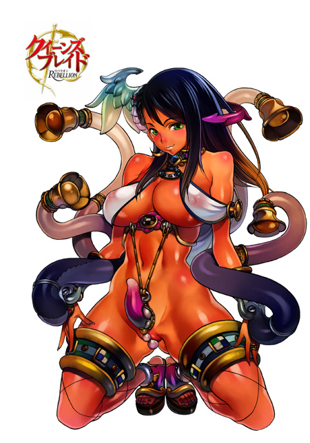 f.s., luna luna (queen's blade), queen's blade, queen's blade rebellion, 10s, 1girl, black hair, bracelet, breasts, choker, cleavage, covered erect nipples, dark-skinned female, dark skin, feet, female focus, fishnet thighhighs, fishnets, gradient hair, green eyes, jewelry, large breasts, midriff, multicolored hair, nail polish, nipples, pearl thong, phallic symbol, revealing clothes, solo, thighhighs, toes, underboob