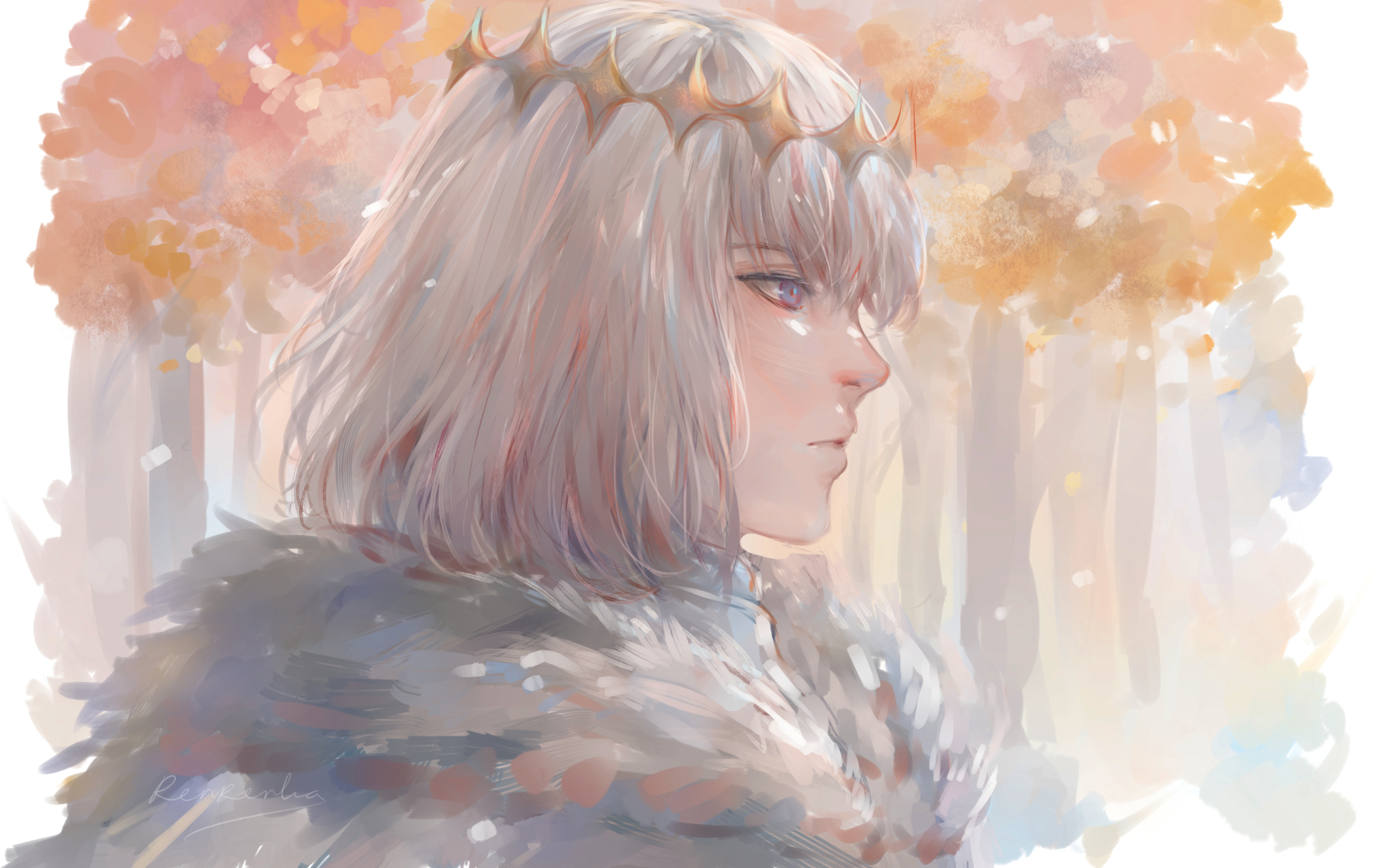 renrenka noi, oberon (fate), oberon (second ascension) (fate), fate/grand order, fate (series), commentary, english commentary, highres, 1boy, blue eyes, cape, circlet, closed mouth, from side, fur-trimmed cape, fur trim, grey hair, looking ahead, male focus, short hair, solo, upper body, white cape