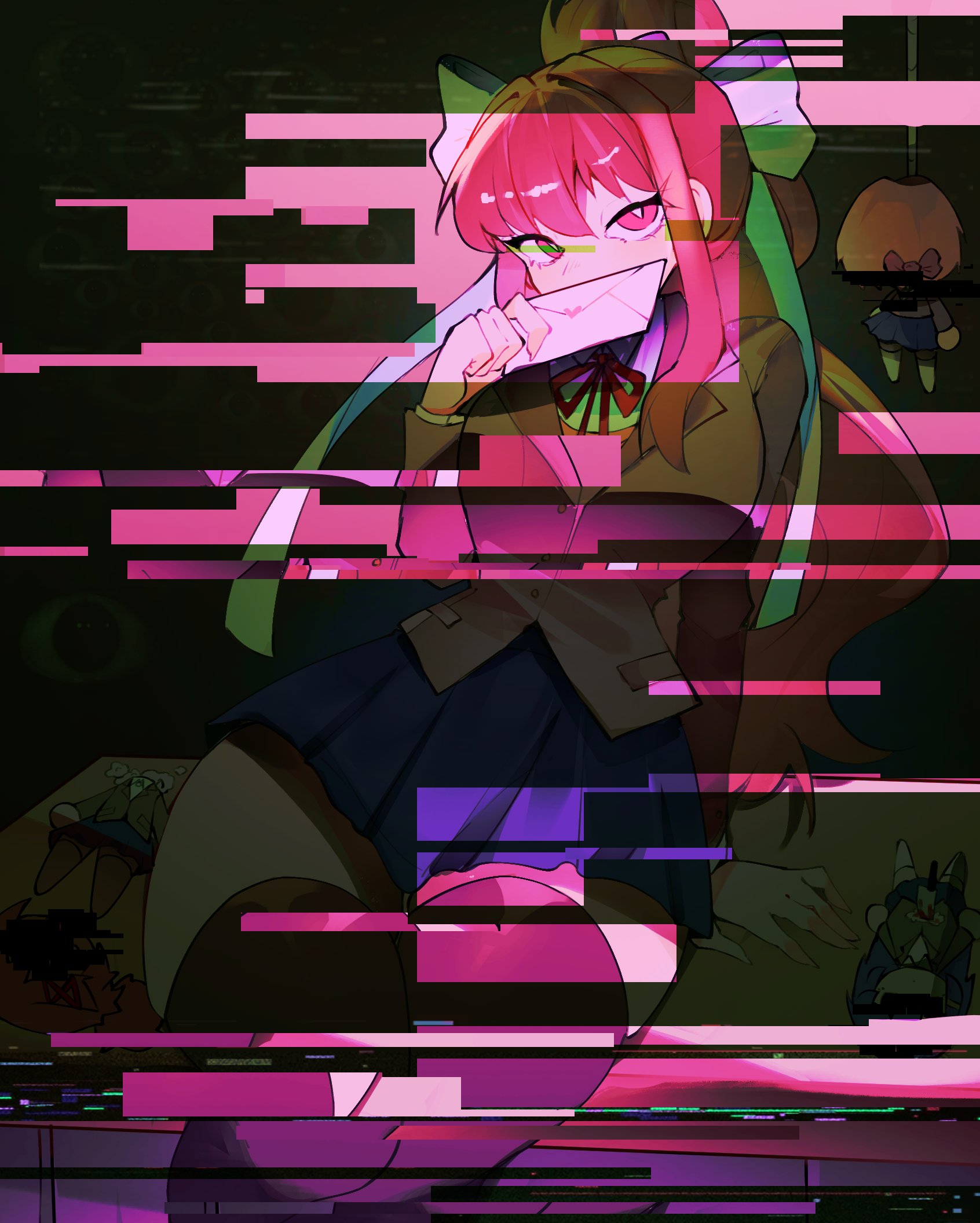 hoshoidk, monika (doki doki literature club), doki doki literature club, commentary, english commentary, highres, 1girl, arm support, black thighhighs, blue skirt, bow, breasts, covered mouth, doki doki literature club school uniform, glitch, grey sweater vest, hair bow, hair ribbon, holding, holding letter, large breasts, leaning back, letter, long hair, looking at viewer, looking to the side, on table, red eyes, red hair, red ribbon, ribbon, school uniform, sitting, skirt, solo, sweater vest, table, thick thighs, thighhighs, thighs, white bow, white ribbon, zettai ryouiki