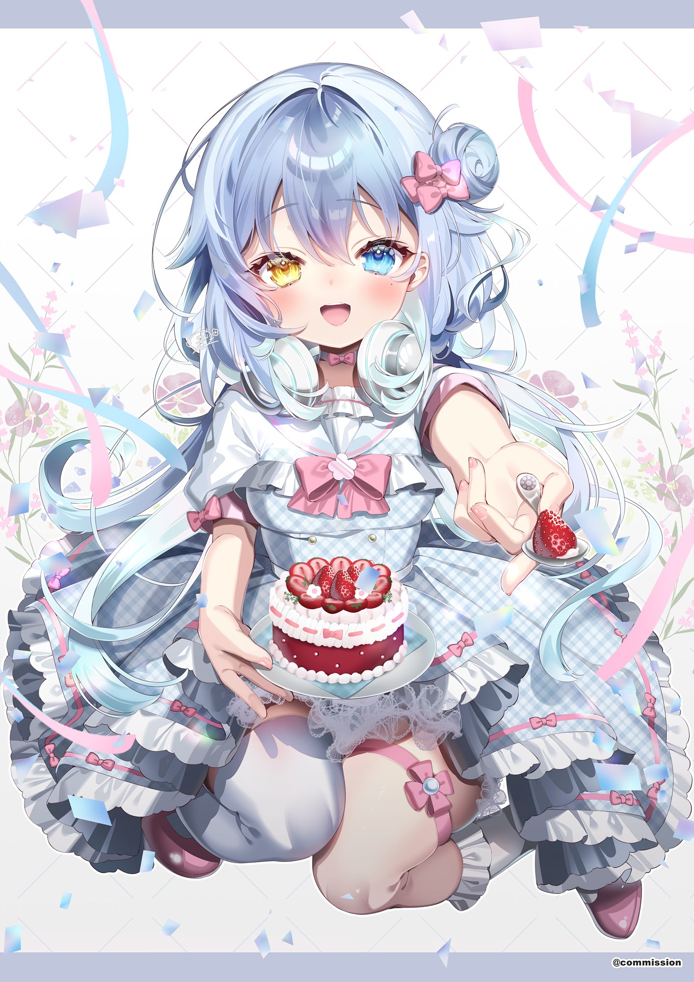 chi no, asagi shiki, indie virtual youtuber, commentary, commission, highres, skeb commission, symbol-only commentary, 1girl, blue dress, blue eyes, blue hair, bow, cake, dress, food, fruit, hair bow, hair bun, headphones, headphones around neck, heterochromia, holding, holding spoon, incoming food, layered dress, long hair, looking at viewer, open mouth, pink bow, plaid clothes, plaid dress, short sleeves, single hair bun, single thighhigh, smile, solo, spoon, strawberry, strawberry cake, thigh strap, thighhighs, virtual youtuber, white thighhighs, yellow eyes
