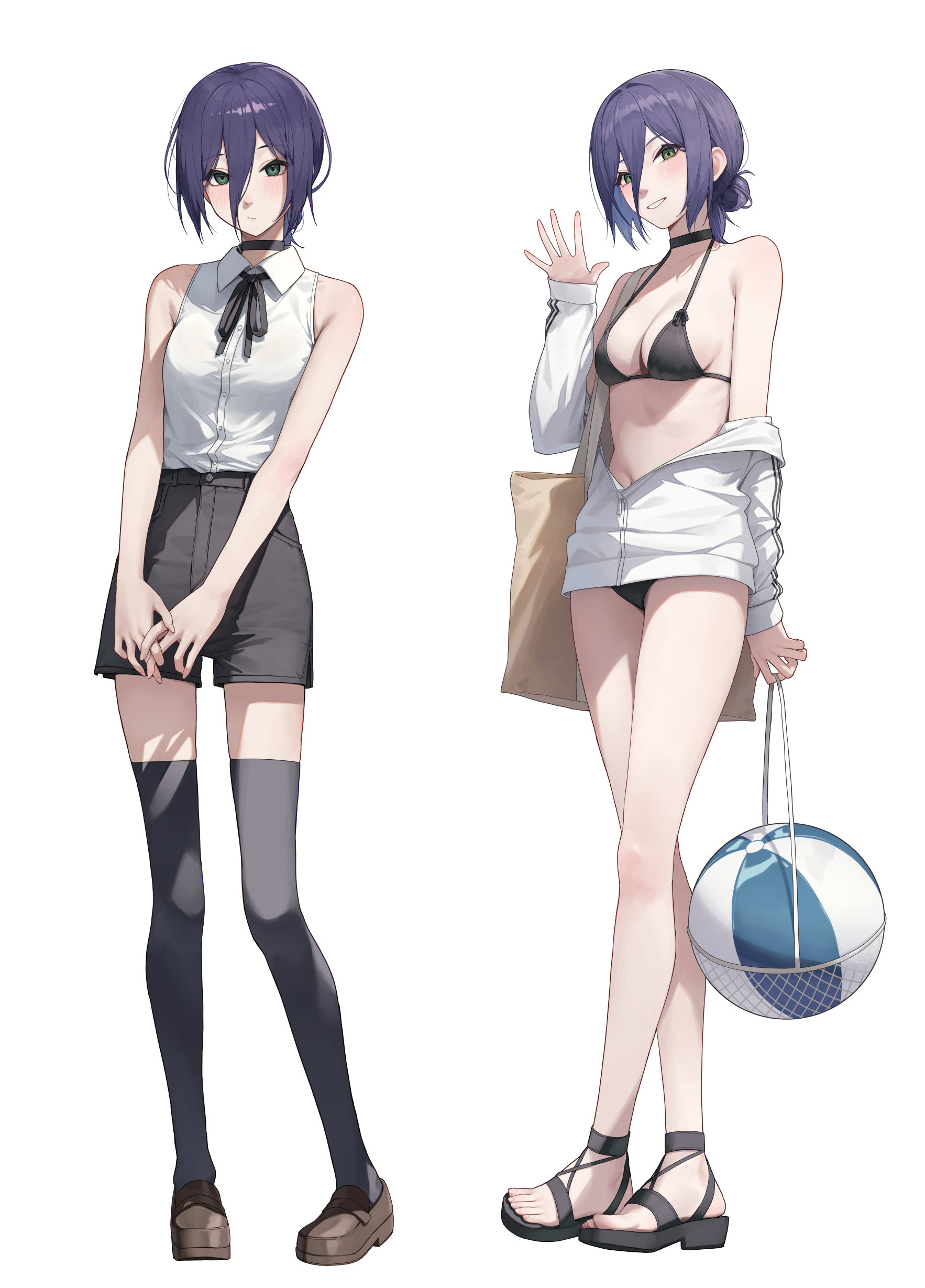 suumon, reze (chainsaw man), chainsaw man, absurdres, commentary, highres, 1girl, arm at side, arms at sides, bag, ball, beachball, bikini, black bikini, black choker, black ribbon, black sandals, black shirt, black thighhighs, breasts, brown shoes, choker, closed mouth, collared shirt, double-parted bangs, expressionless, green eyes, grin, hair between eyes, hand up, jacket, jacket partially removed, loafers, long bangs, looking at viewer, medium breasts, multiple views, navel, neck ribbon, partially unzipped, platform sandals, purple eyes, ribbon, sandals, shirt, shirt tucked in, shoes, short hair, short shorts, shorts, shoulder bag, sleeveless, sleeveless shirt, smile, standing, string bikini, swimsuit, thighhighs, white jacket, white shirt, wing collar
