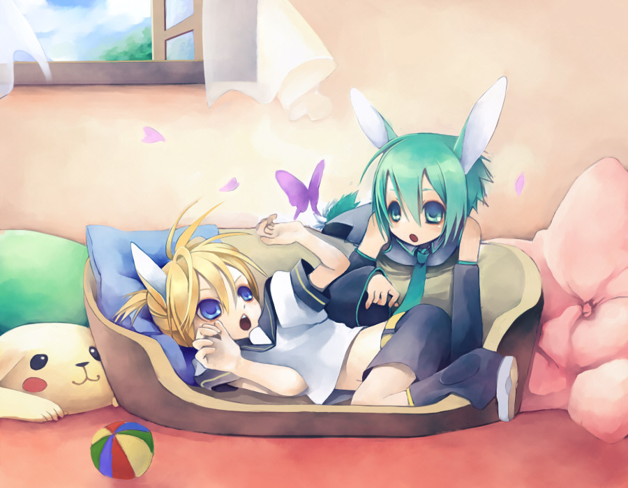 hatsune mikuo, kagamine len, vocaloid, 2boys, animal ears, bug, butterfly, cloud, full body, indoors, lying, male focus, multiple boys, plant, sky, stuffed animal, stuffed toy, tail