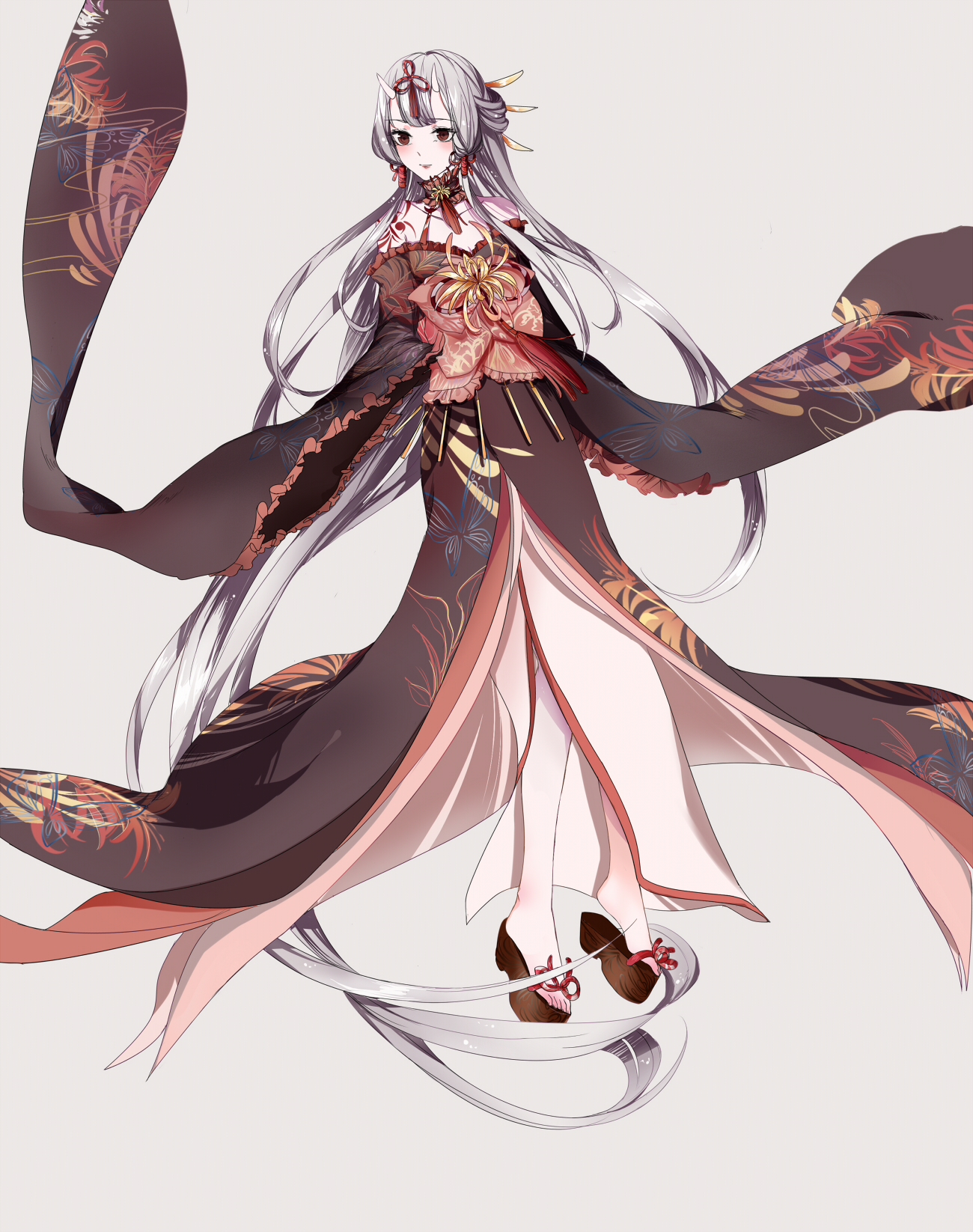 ninebirds, higabana princess (miracle nikki), miracle nikki, nikki (series), chinese commentary, commentary request, highres, 1girl, bare shoulders, black kimono, bow, breasts, brown sandals, cleavage, dot nose, eyelashes, floral print, flower, flower knot, frilled bow, frills, full body, grey background, hair bun, hair ornament, hair ribbon, hair tubes, hairpin, happy, japanese clothes, kimono, large bow, light blush, long hair, looking to the side, low-tied sidelocks, multiple hairpins, no socks, off shoulder, okobo, open mouth, pink bow, platform sandals, print bow, print kimono, red eyes, red ribbon, ribbon, sandals, sidelocks, simple background, single hair bun, smile, solo, spider lily, standing, tassel, tassel hair ornament, toes, very long hair, white hair