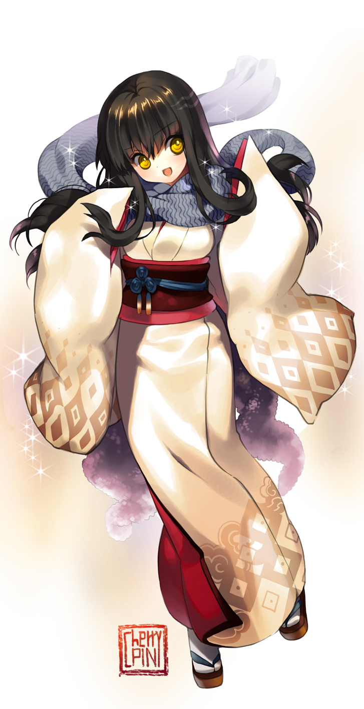 cherrypin, yuki onna (nurarihyon no mago), nurarihyon no mago, bad id, bad pixiv id, highres, 1girl, black hair, clog sandals, female focus, japanese clothes, kimono, okobo, open mouth, platform sandals, sandals, scarf, smile, solo, tabi, yellow eyes
