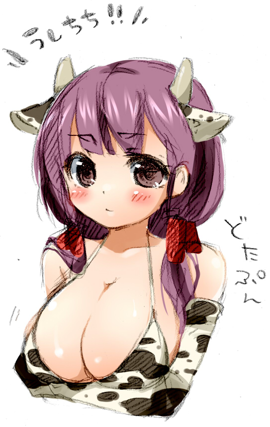 kamiyama aya, original, bad id, bad pixiv id, 1girl, animal ears, animal print, blush, breasts, cleavage, cow ears, cow girl, cow print, elbow gloves, female focus, gloves, horns, large breasts, purple hair, sketch, solo
