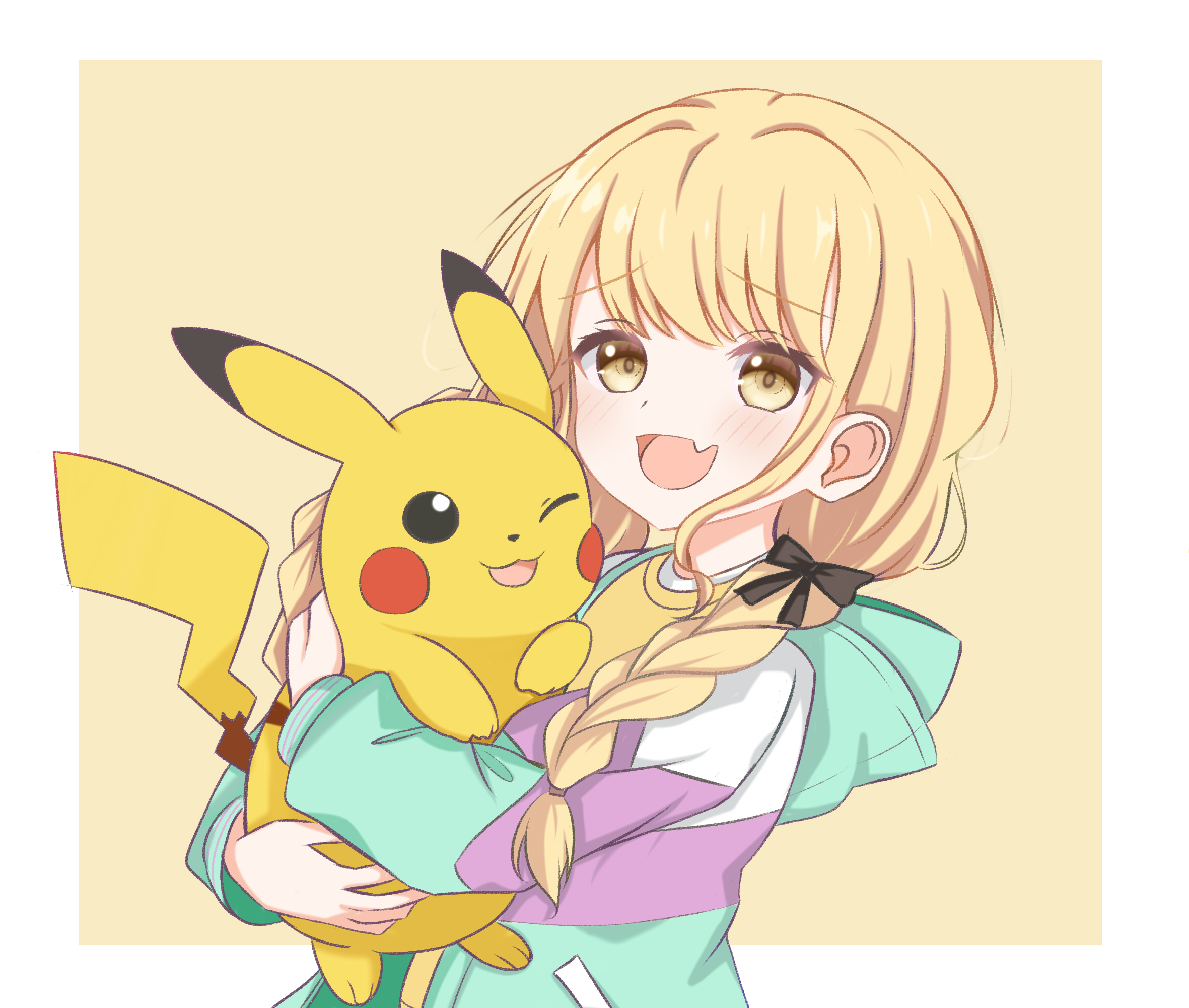 liya (yosoro2016), fujita kotone, pikachu, gakuen idolmaster, idolmaster, nintendo, pokemon, commentary request, highres, 1girl, blonde hair, blush, border, braid, fang, gen 1 pokemon, long hair, long sleeves, open mouth, outside border, pokemon (creature), simple background, skin fang, twin braids, upper body, white border, yellow background, yellow eyes