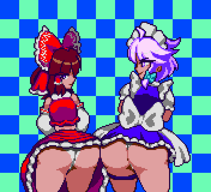 envy, hakurei reimu, izayoi sakuya, touhou, commentary, english commentary, 2girls, ahoge, annoyed, ass, ass-to-ass, ass comparison, ass envy, back bow, bare shoulders, black eyes, blue dress, bow, brown hair, bumping, checkered background, comparison, detached sleeves, dress, grey eyes, grey hair, japanese clothes, knife sheath, looking at another, looking at viewer, lunamoon (style), maid, maid headdress, miko, multiple girls, naughty face, nothing12362, panties, pixel art, red bow, red dress, sheath, smile, smug, thick thighs, thigh strap, thighs, underwear, wedgie, white panties