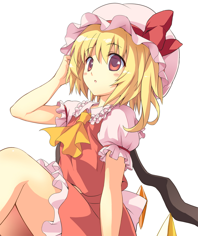 bintochan, ekusa takahito, flandre scarlet, touhou, bad id, bad pixiv id, 1girl, blonde hair, collared shirt, female focus, hat, mob cap, ponytail, red eyes, ribbon, shirt, side ponytail, solo, wings
