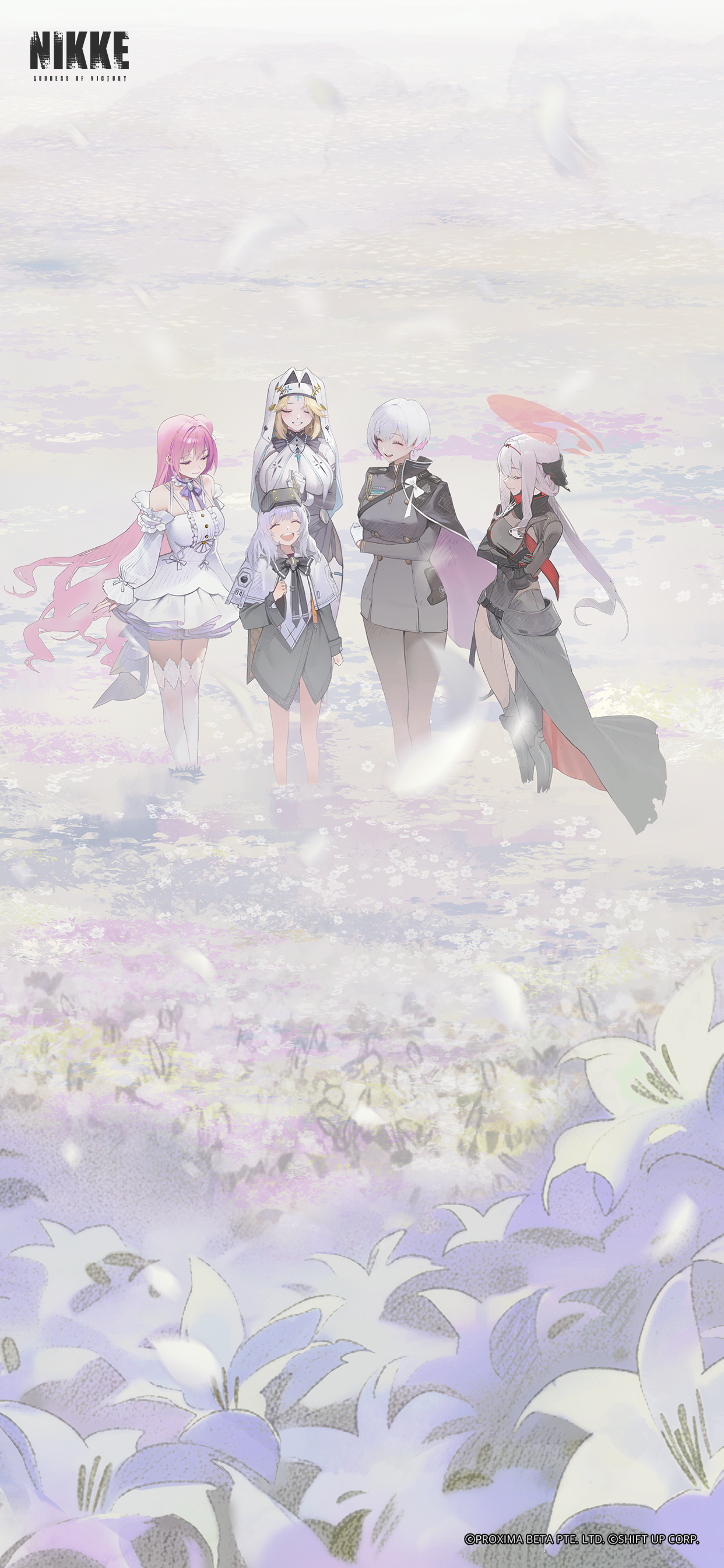 dorothy (nikke), liliweiss (nikke), scarlet (black shadow) (nikke), scarlet (nikke), snow white (innocent days) (nikke), snow white (nikke), goddess of victory: nikke, absurdres, highres, official art, 5girls, black bow, black cape, black dress, black shirt, black skirt, blonde hair, bow, breasts, cape, capelet, closed eyes, closed mouth, dress, field, flower, flower field, goggles, goggles on head, grey hair, halo, headpiece, large breasts, lily (flower), long hair, long sleeves, multiple girls, open mouth, outdoors, pink hair, poncho, red halo, shirt, skirt, smile, standing, white capelet, white dress, white flower, white hair