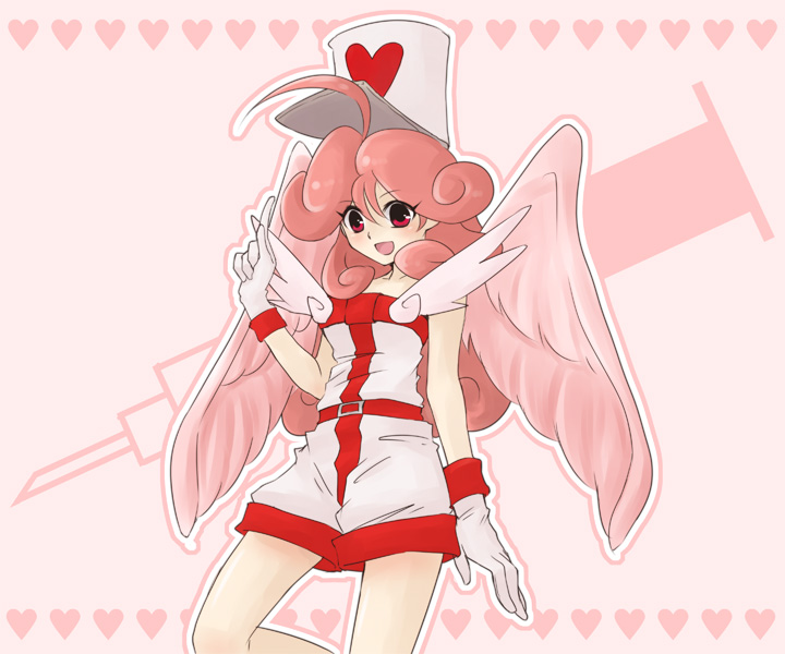 poplovers, injection fairy lily, yu-gi-oh!, yu-gi-oh! duel monsters, 1girl, ahoge, duel monster, fairy, female focus, gloves, heart, long hair, nurse, pink hair, red eyes, solo, syringe, wings