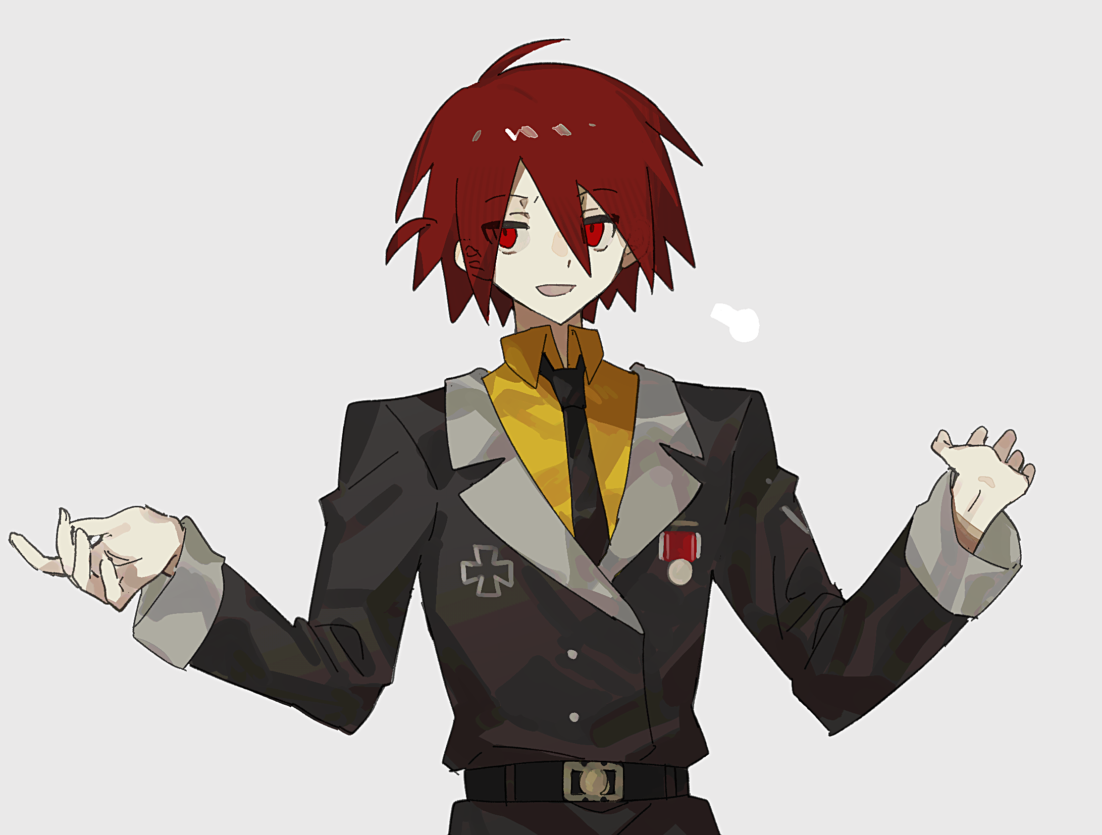 lance (epic battle fantasy), epic battle fantasy, commentary, highres, 1boy, anonymous1203, belt, black belt, black jacket, black necktie, breath, collared shirt, grey background, hair between eyes, jacket, male focus, medallion, military uniform, necktie, no headwear, open mouth, red eyes, red hair, shirt, short hair, simple background, upper body, yellow shirt