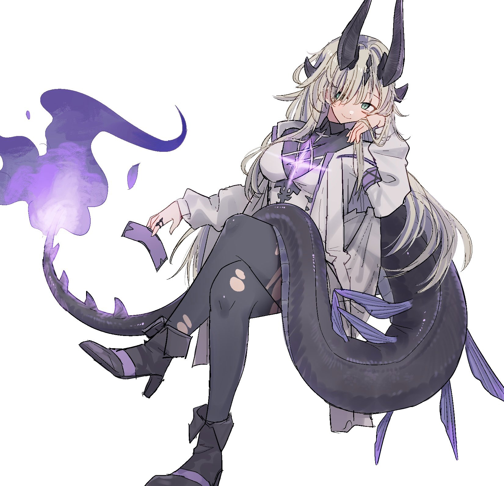 iguana152588, necrass (arknights), arknights, commentary request, highres, 1girl, coat, crossed legs, dragon horns, dragon tail, fire, flame-tipped tail, green eyes, grey hair, high heels, horns, invisible chair, jewelry, long hair, ofuda, pantyhose, purple fire, ring, sitting, smile, tail, torn clothes, torn pantyhose, white background, white coat