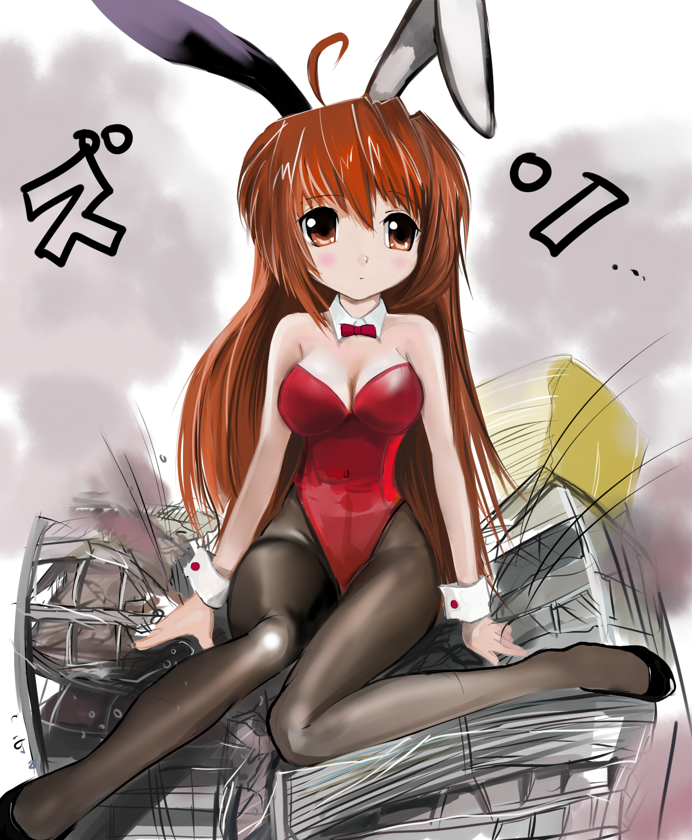 inuyama, asahina mikuru, suzumiya haruhi no yuuutsu, bad id, bad pixiv id, highres, 1girl, animal ears, bare shoulders, blush, breasts, brown eyes, brown hair, building, city, cleavage, crushing, destruction, detached collar, fake animal ears, female focus, giant, giantess, long hair, pantyhose, playboy bunny, rabbit ears, sitting, solo, wrist cuffs