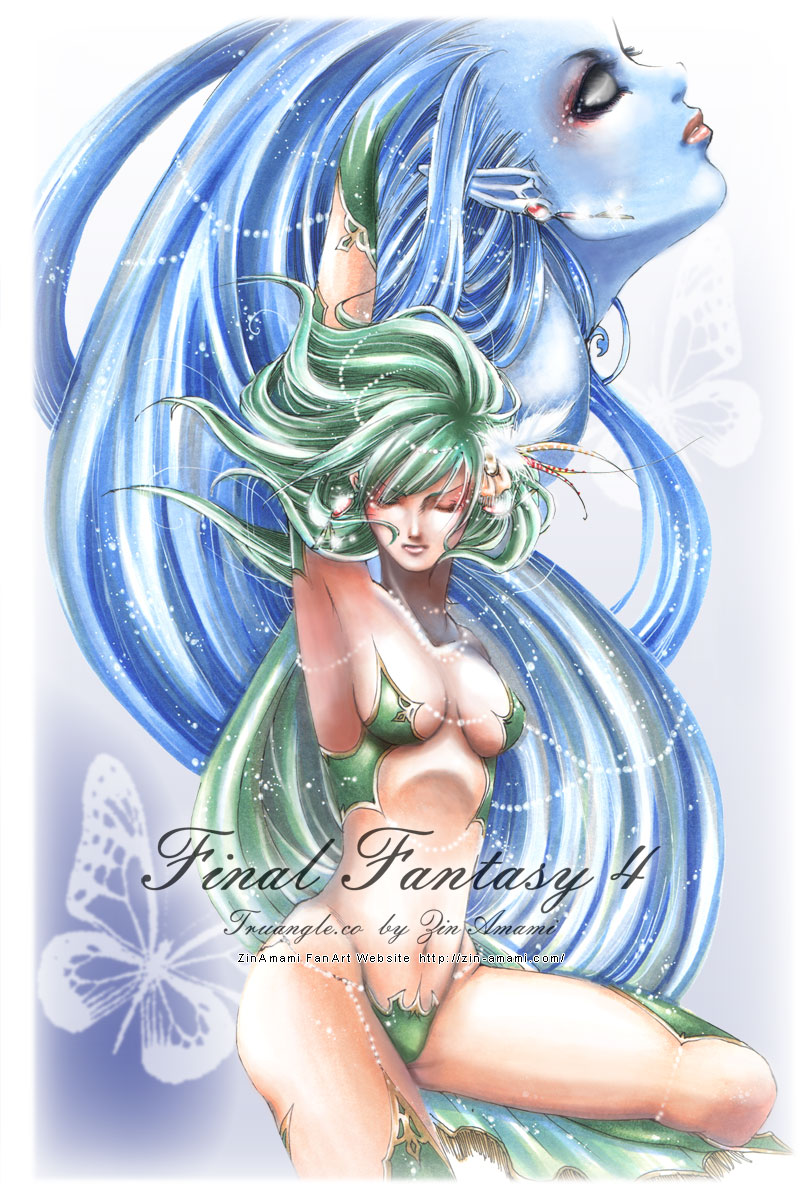 zin amami, rydia (adult) (ff4), rydia (ff4), shiva (final fantasy), final fantasy, final fantasy iv, 1990s (style), aged up, armpits, closed eyes, copyright name, green hair, retro artstyle