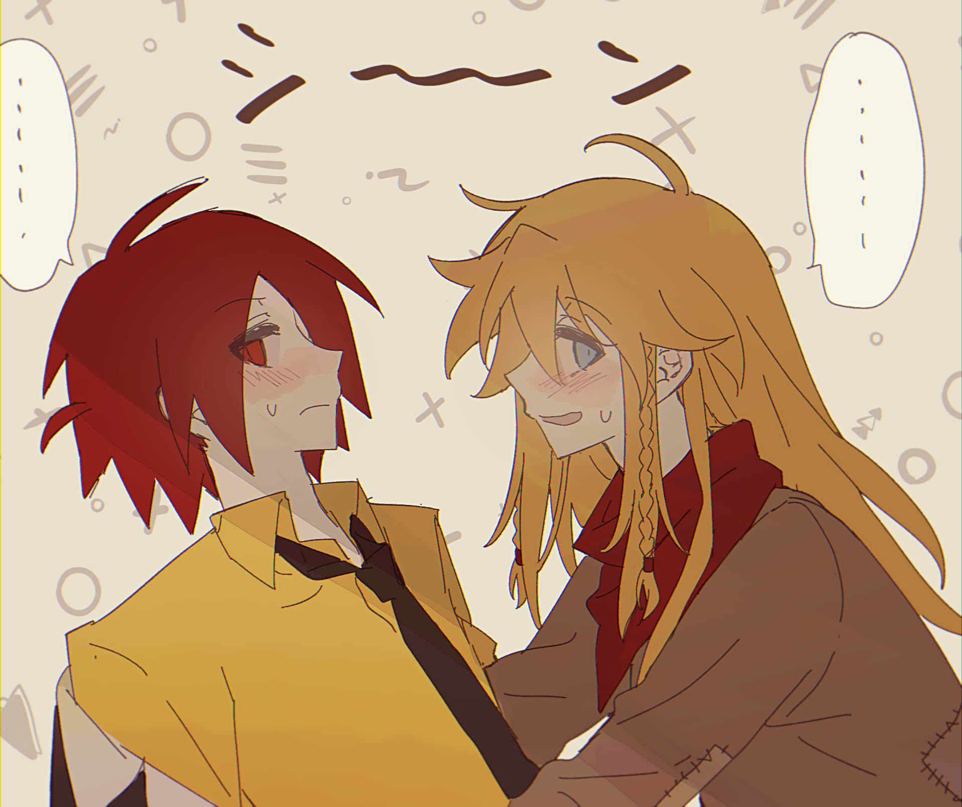 lance (epic battle fantasy), matt (epic battle fantasy), epic battle fantasy, chinese commentary, commentary request, highres, …, 2boys, anonymous1203, black necktie, blonde hair, blue eyes, blush, brown shirt, from side, long hair, looking to the side, male focus, multiple boys, neckerchief, necktie, nervous sweating, open mouth, red eyes, red neckerchief, shirt, short hair, sidelocks, simple background, smile, speech bubble, sweat, upper body, yaoi, yellow background, yellow shirt