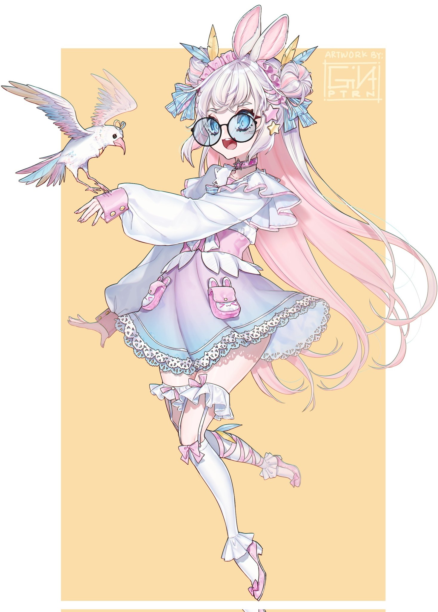 ginptrn, character request, commentary, copyright request, corrupted twitter file, english commentary, highres, 1girl, animal ears, artist name, bird, blue eyes, border, bow, choker, colored inner hair, double bun, footwear bow, glasses, grey hair, hair bun, hair ornament, long hair, multicolored hair, open mouth, pink bow, pink choker, pink hair, pink shoes, rabbit ears, shoes, sleeves past wrists, star (symbol), star hair ornament, streaked hair, teeth, upper teeth only, white border, yellow background