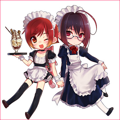 kasukabe akira, lowres, 2boys, antenna hair, blush, cat, chibi, child, crossdressing, crossdressing (mtf), dress, glasses, holding hands, maid, male focus, male maid, multiple boys, one eye closed, ribbon, smile, trap, waitress, wink