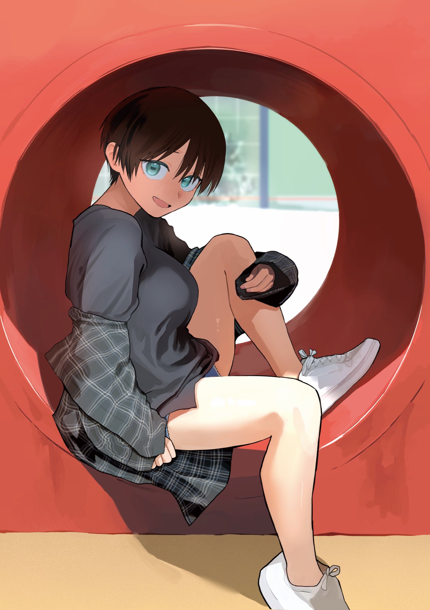 mmmo3, akira (takou no boyish kanojo), takou no boyish kanojo, commentary, highres, 1girl, aqua eyes, bare legs, black hair, black jacket, black shirt, breasts, choppy bangs, day, denim, denim shorts, fingernails, from side, full body, jacket, jacket partially removed, knee up, looking at viewer, looking to the side, no socks, open mouth, outdoors, plaid clothes, plaid jacket, shirt, shoes, short hair, short shorts, shorts, sitting, smile, sneakers, solo, turning head, very short hair, white shoes
