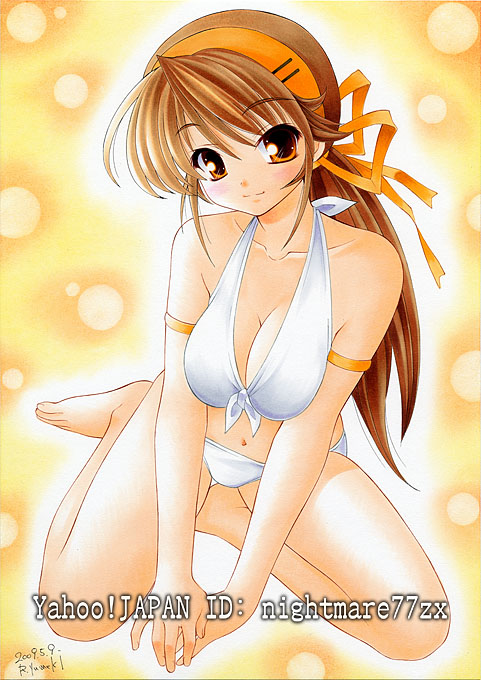 nightmare77zx, original, traditional media, 1girl, barefoot, bikini, breasts, brown hair, cleavage, female focus, front-tie top, hairband, kneeling, large breasts, long hair, orange eyes, ponytail, smile, solo, swimsuit, white bikini