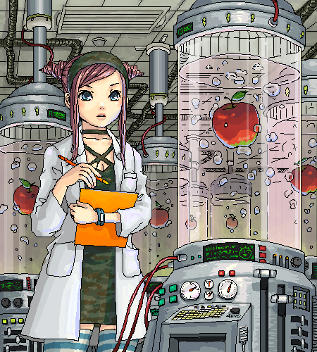areyoume, ayumi k, original, lowres, 1girl, apple, aqua eyes, bubble, camouflage, dress, female focus, food, fruit, gauge, green dress, hairband, indoors, lab coat, laboratory, notebook, oekaki, parted lips, pen, pencil, science, solo, stasis tank, striped clothes, striped thighhighs, thighhighs, tube, twintails, zettai ryouiki
