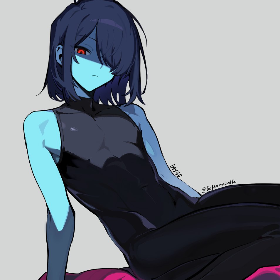 kris (dark world) (deltarune), kris (deltarune), deltarune, utdr (toby fox), commentary, english commentary, 1other, bare arms, black bodysuit, blue hair, bodysuit, closed mouth, covered navel, deltanoodle, dutch angle, frown, grey background, hair over one eye, looking at viewer, medium hair, one eye covered, other focus, red eyes, seiza, shaded face, simple background, sitting, solo, tight clothes, twitter username