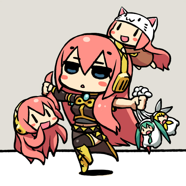 chan co, hatsune miku, kagamine rin, megurine luka, megurine luka (toeto), takoluka, double lariat (vocaloid), pylori kin no uta (vocaloid), toeto (vocaloid), vocaloid, black legwear, 4girls, animal hat, animalization, boots, chibi, grey background, hat, long hair, mini person, minigirl, multiple girls, pink hair, standing, standing on one leg, thighhighs, triangle mouth, very long hair, yellow boots
