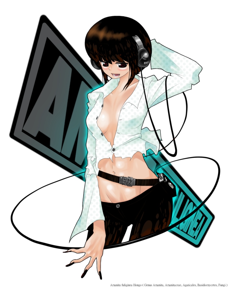 oso (toolate), amanita fuliginea, original, oso-teki kinoko gijinka zukan, 1girl, belt, breasts, brown hair, cleavage, female focus, fingernails, groin, headphones, long fingernails, medium breasts, midriff, mushroom, nail (hardware), open clothes, open shirt, personification, shirt, solo