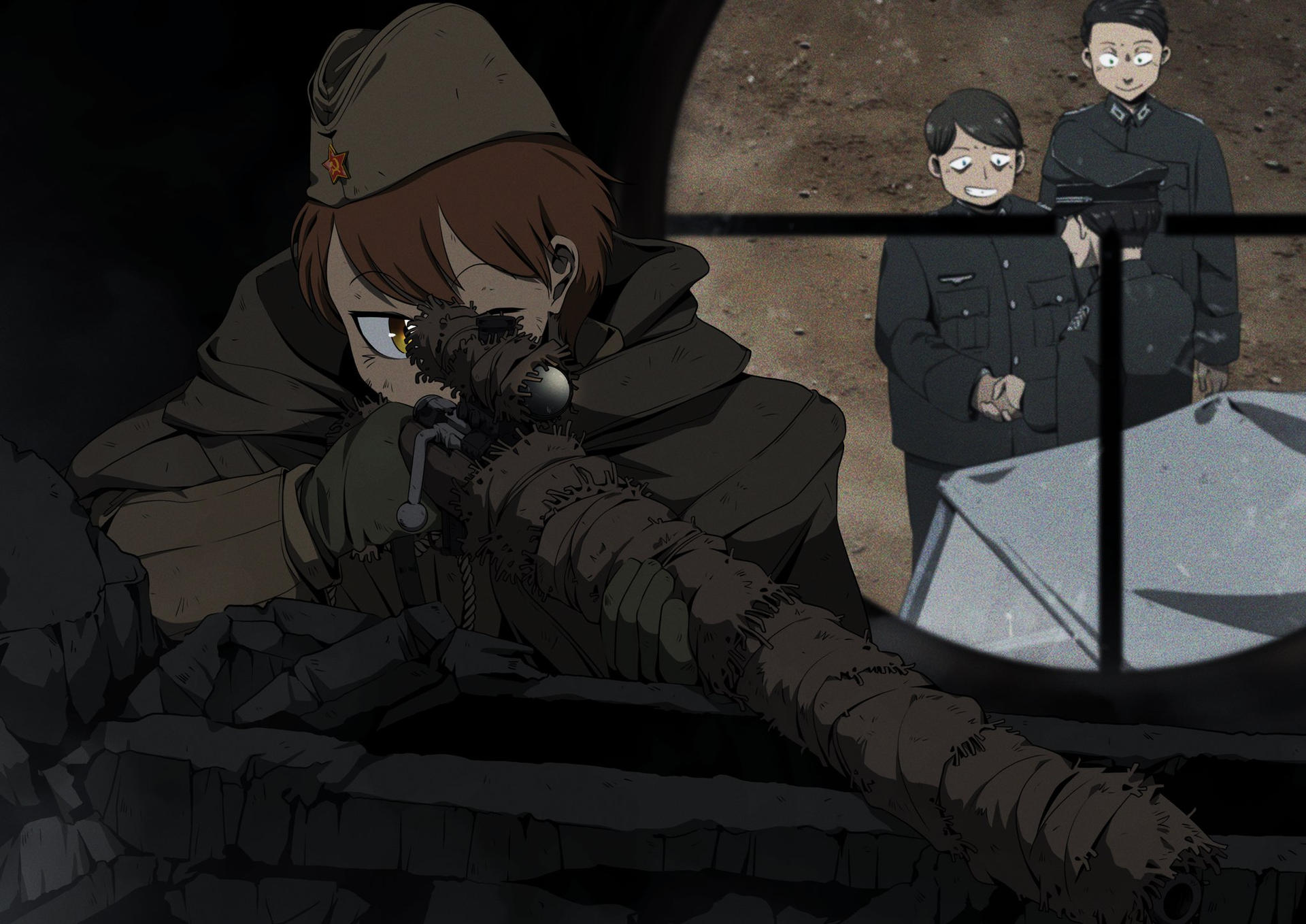 mrxinom, original, 1girl, 3boys, aiming, black hair, bolt action, brown eyes, brown hair, dirty, dirty face, finger on trigger, gloves, gun, handshake, hat, holding, holding gun, holding rifle, holding weapon, military hat, military uniform, mosin-nagant, multiple boys, nazi, one eye closed, pov, rifle, rubble, scope, smile, soviet, soviet army, star (symbol), weapon, world war ii