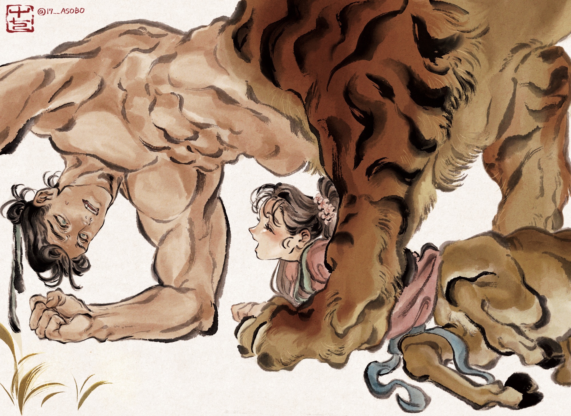 4 virgin, original, commentary request, highres, 1boy, 1girl, black hair, blue eyes, brown hair, centauroid, chinese clothes, claws, deer girl, hair bun, hanfu, long hair, looking at another, monster boy, monster girl, muscular, muscular male, outdoors, pink hanfu, ponytail, short hair, taur, tiger boy, yellow background