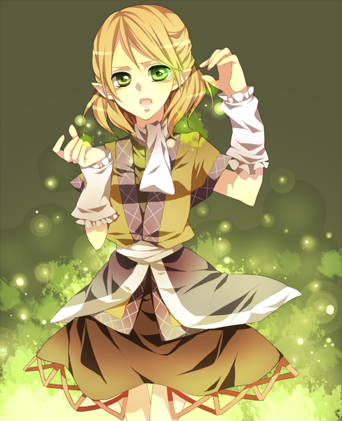 tsukioka tsukiho, mizuhashi parsee, touhou, bad id, bad pixiv id, 1girl, arm warmers, blonde hair, detached sleeves, dress, female focus, green eyes, half updo, pointy ears, short hair, solo