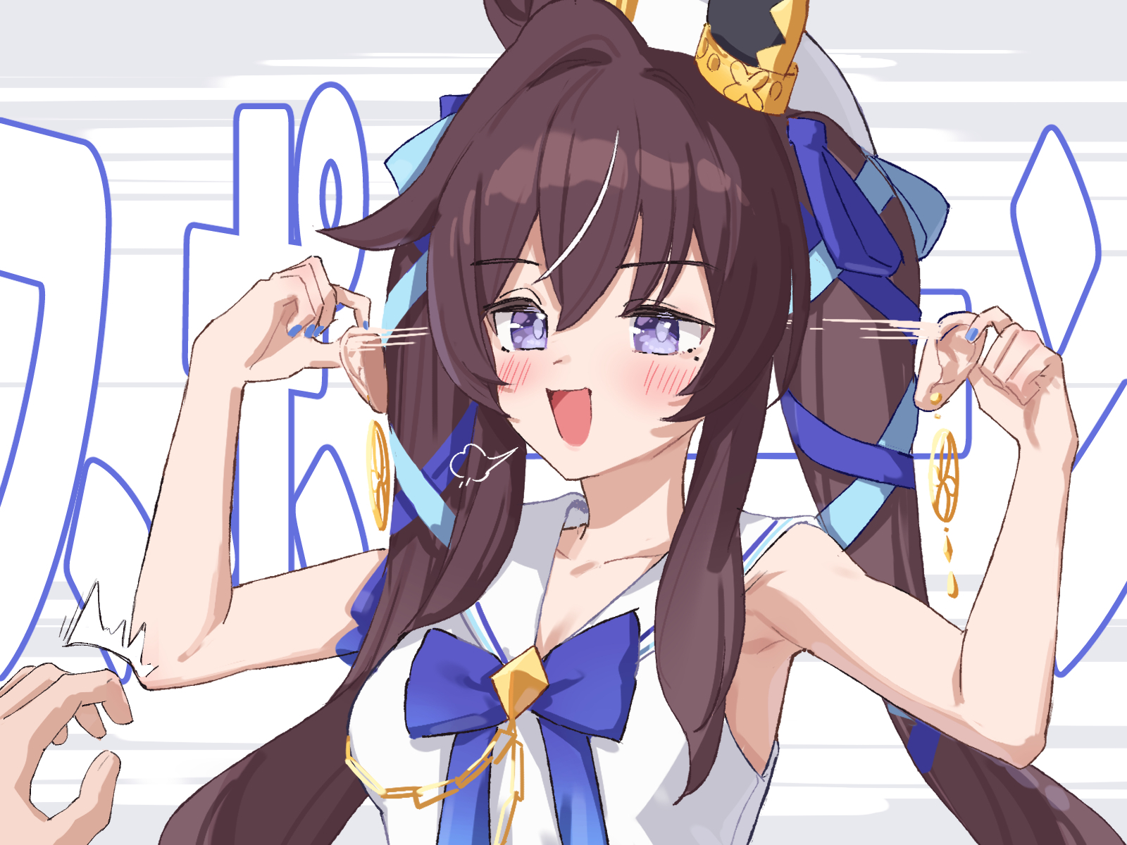 saboten mushi, vivlos (umamusume), vivlos (voyage etincelant) (umamusume), umamusume, commentary request, highres, 1girl, 1other, animal ears, armpits, black hair, blue nails, blue ribbon, blush, bow, bowtie, breasts, chain, cleavage, ear ornament, earrings, fake human ears, fingernails, gold chain, hair ribbon, hat, horse ears, horse girl, jewelry, large breasts, mole, mole under eye, nail polish, open mouth, purple bow, purple bowtie, purple eyes, ribbon, sailor collar, shirt, simple background, sleeveless, sleeveless shirt, smile, white background, white hat, white sailor collar