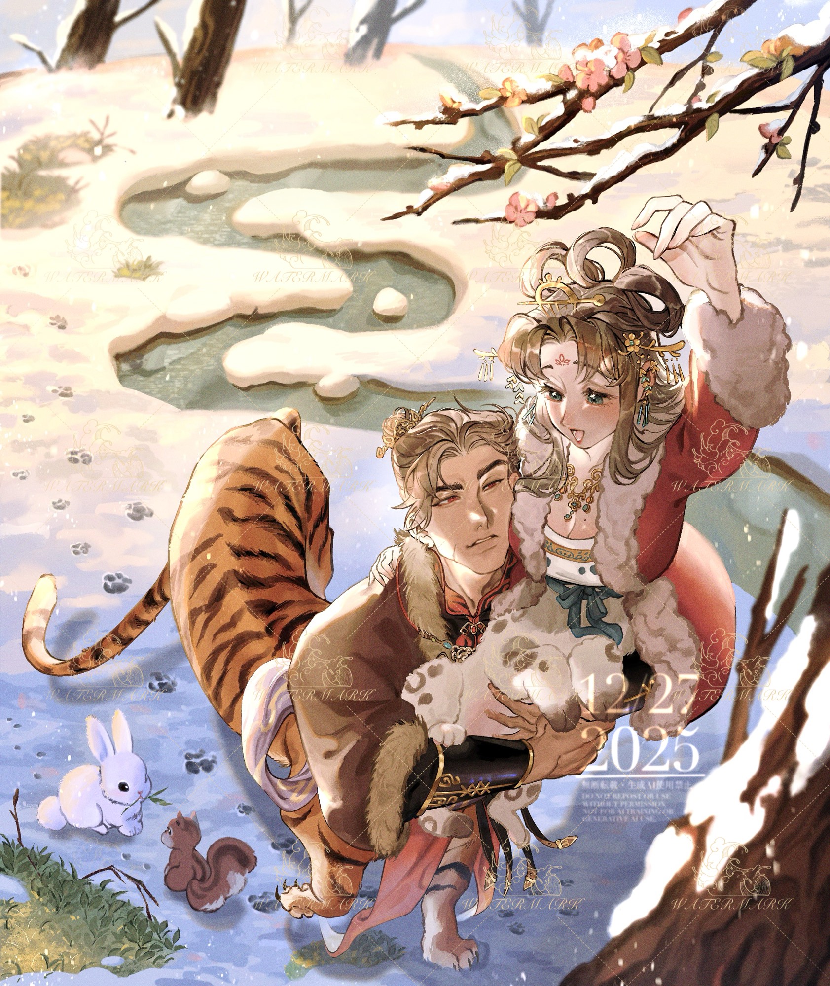 4 virgin, original, commentary, commission, english commentary, highres, vgen commission, animal, blue eyes, brown coat, brown hair, carrying, centauroid, child carry, coat, dog girl, flower, full body, hair bun, long hair, monster boy, monster girl, outdoors, plum blossoms, rabbit, red coat, red eyes, short hair, snow, squirrel, stream, taur, tiger boy, winter