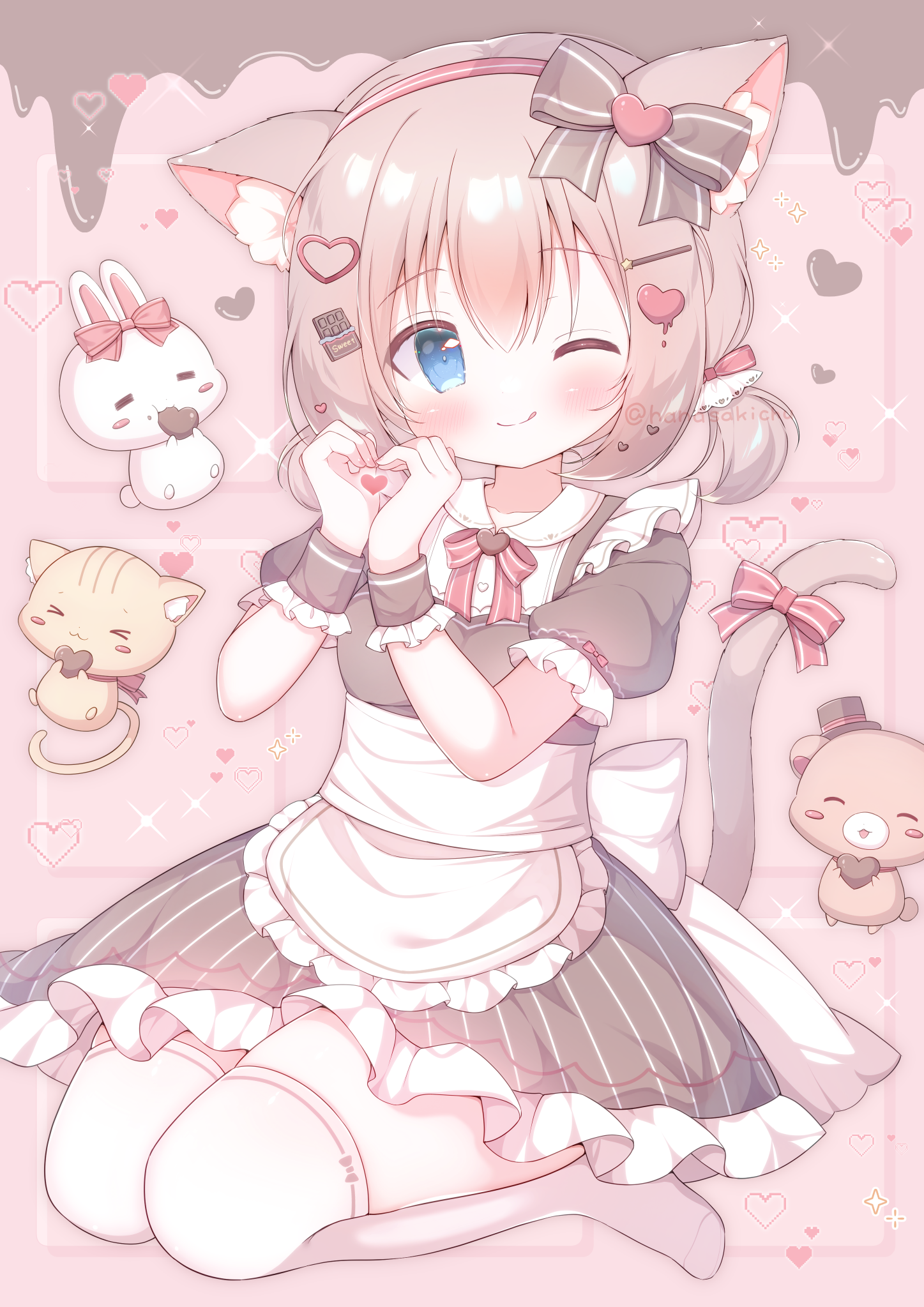 hanasakichu, original, commentary request, highres, > <, 1girl, ;q, animal ear fluff, animal ears, apron, black bow, black dress, blue eyes, blush, bow, bowtie, cat, cat ears, cat girl, cat tail, closed mouth, dress, frilled apron, frilled dress, frilled sleeves, frills, full body, hair between eyes, hair ornament, hairband, heart, heart hair ornament, heart hands, looking at viewer, one eye closed, pink background, rabbit, red bow, red bowtie, red hairband, seiza, short sleeves, sitting, smile, solo, striped bow, striped bowtie, striped clothes, striped dress, tail, thighhighs, tongue, tongue out, vertical-striped clothes, vertical-striped dress, white apron, white thighhighs, wrist cuffs, zettai ryouiki