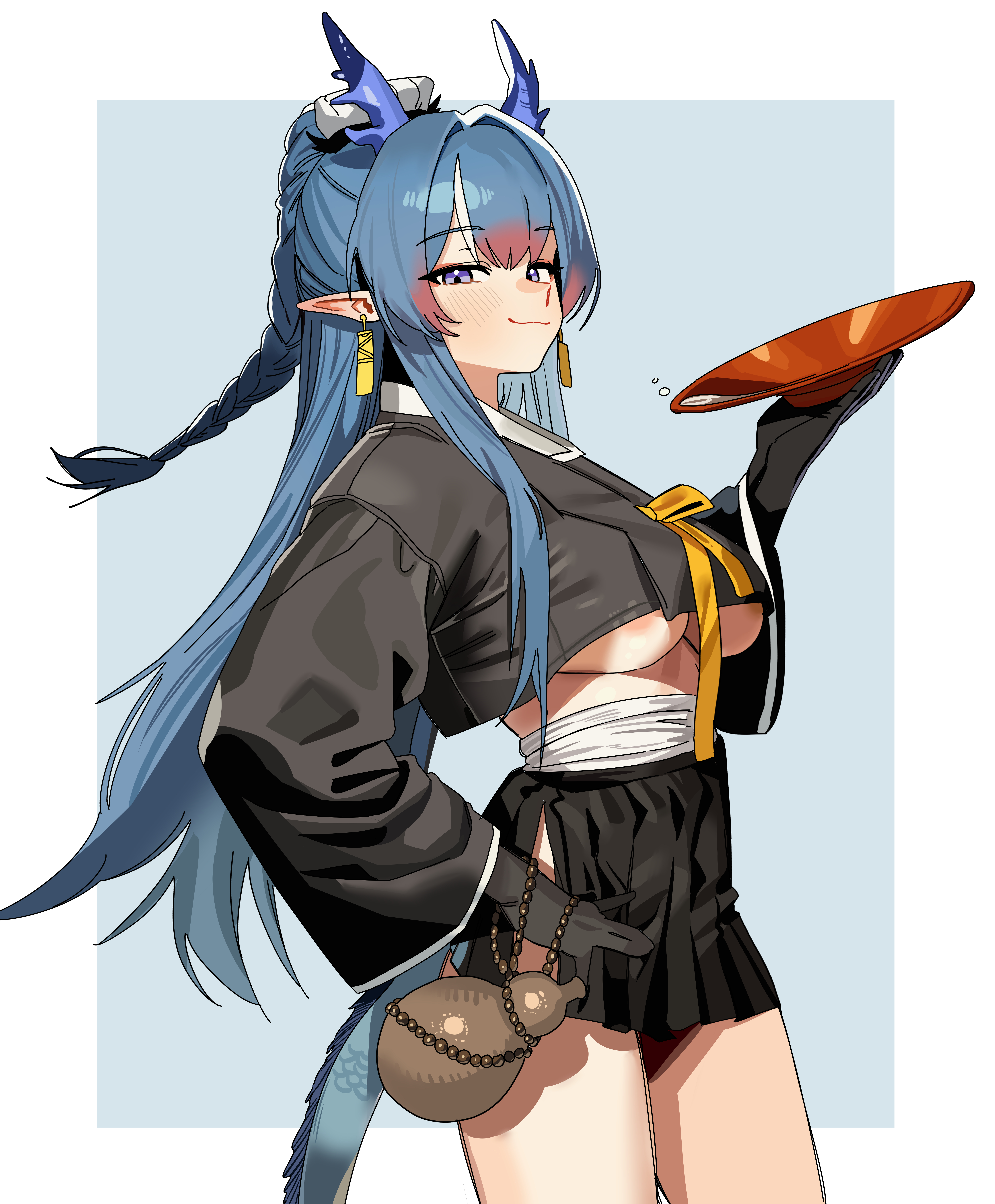 ruppu, ling (arknights), arknights, absurdres, commentary, highres, 1girl, :3, alternate costume, areola slip, black gloves, black shirt, black skirt, blue hair, blue horns, blue tail, blush, border, braid, breasts, closed mouth, cowboy shot, cup, dragon girl, dragon horns, dragon tail, earrings, eastern dragon tail, gloves, gourd, gradient hair, hanafuda earrings, holding, holding gourd, horns, jewelry, large breasts, long hair, looking at viewer, microskirt, multicolored hair, outside border, pointy ears, ponytail, red hair, sakazuki, shirt, side slit, skirt, smile, smug, solo, streaked hair, tail, thighs, underboob, white border, white hair, white streaks