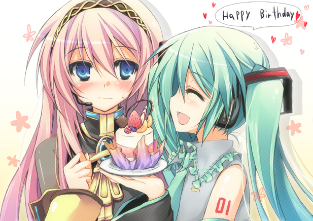 purinpurin, hatsune miku, megurine luka, vocaloid, bad id, bad pixiv id, 2girls, aqua hair, blue eyes, blush, cake, food, happy birthday, heart, long hair, multiple girls, pastry, pink hair, smile, sweatdrop, twintails