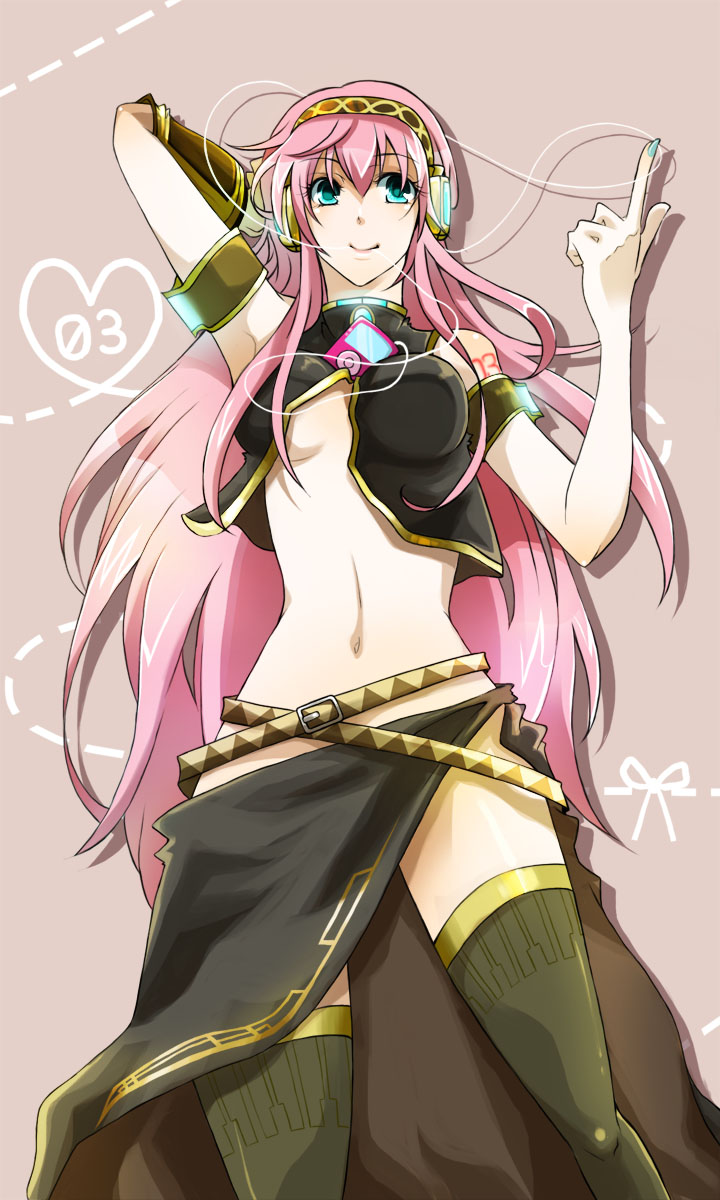 yucco kxoxc, megurine luka, vocaloid, bad id, bad pixiv id, highres, 1girl, aqua eyes, belt, black skirt, blue eyes, breasts, cabel, dress, female focus, flapper dress, flapper shirt, flapper skirt, headphones, ipod, knees, legs, lips, long dress, long hair, long skirt, midriff, mp3 player, navel, nose, pink hair, shirt, skirt, smile, solo, thighhighs, underboob, very long hair, zettai ryouiki