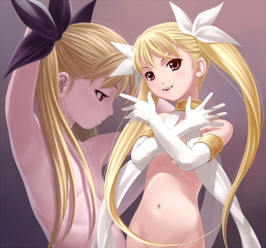 nekopuchi, mina tepes, dance in the vampire bund, 1girl, blonde hair, elbow gloves, fang, female focus, flat chest, gloves, groin, loli, no panties, nude, red eyes, solo, twintails, vampire