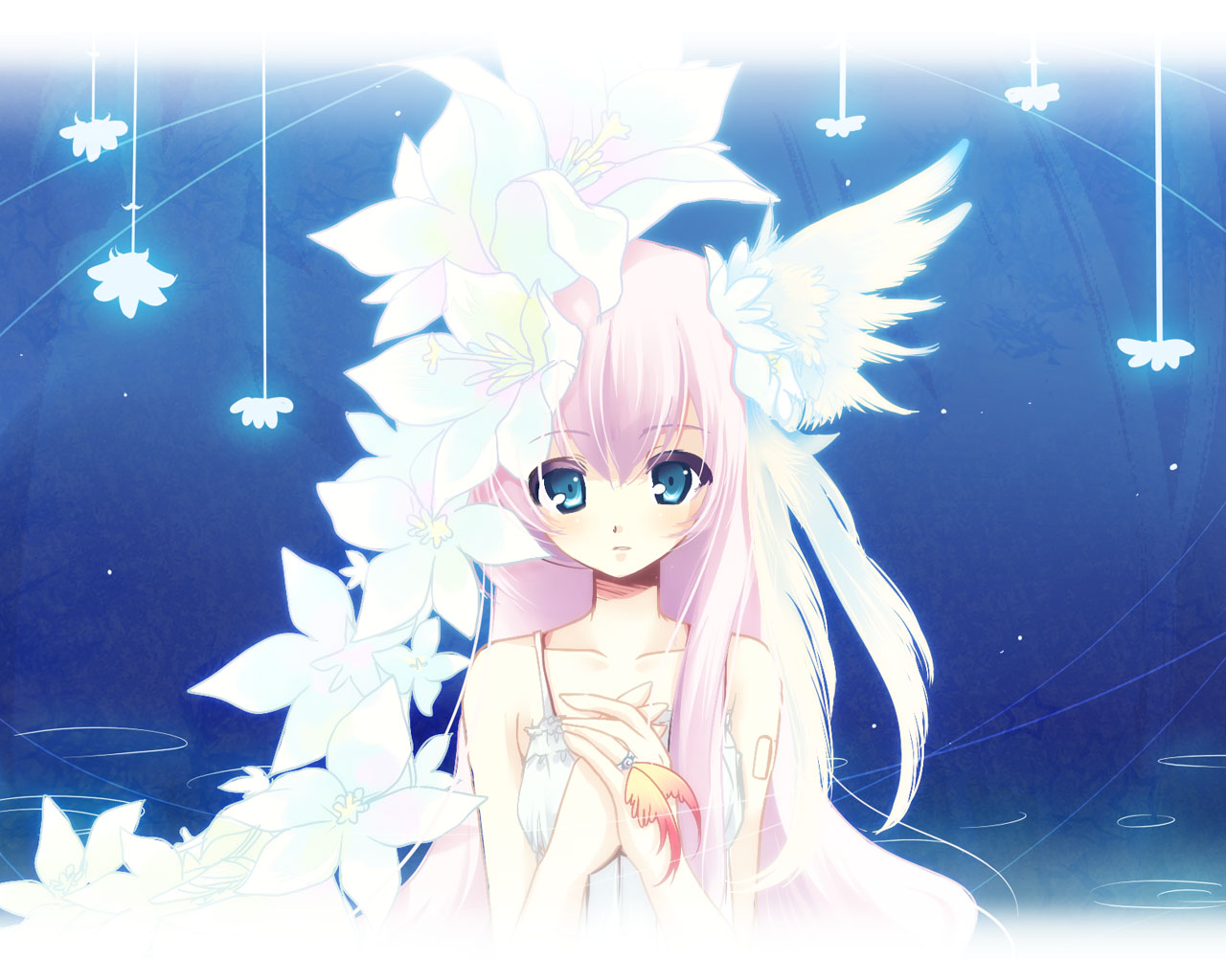 child-box, megurine luka, vocaloid, md5 mismatch, resolution mismatch, source smaller, 1girl, aqua hair, female focus, flower, hair flower, hair ornament, head wings, jewelry, long hair, pink hair, ring, solo, upper body, wings