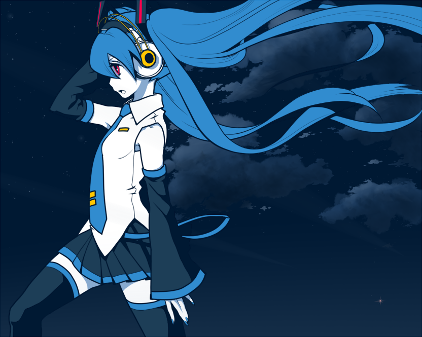 nisoushiki, uta (pixiv274942), hatsune miku, vocaloid, bad id, bad pixiv id, 1girl, aqua hair, detached sleeves, female focus, headphones, long hair, necktie, night, outdoors, partially colored, pink eyes, skirt, sky, solo, thighhighs, twintails, very long hair, wind, zettai ryouiki