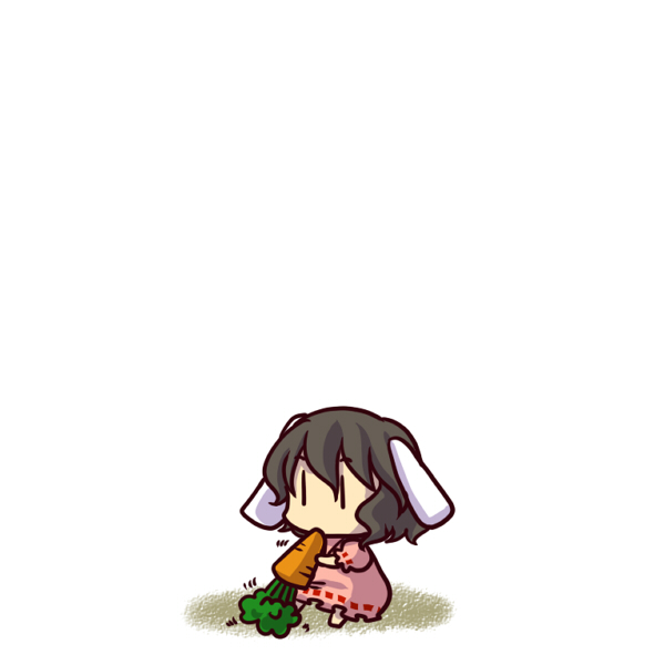 socha, inaba tewi, touhou, 1girl, animal ears, black hair, carrot, chewing, chibi, eating, female focus, rabbit ears, simple background, solo, | |